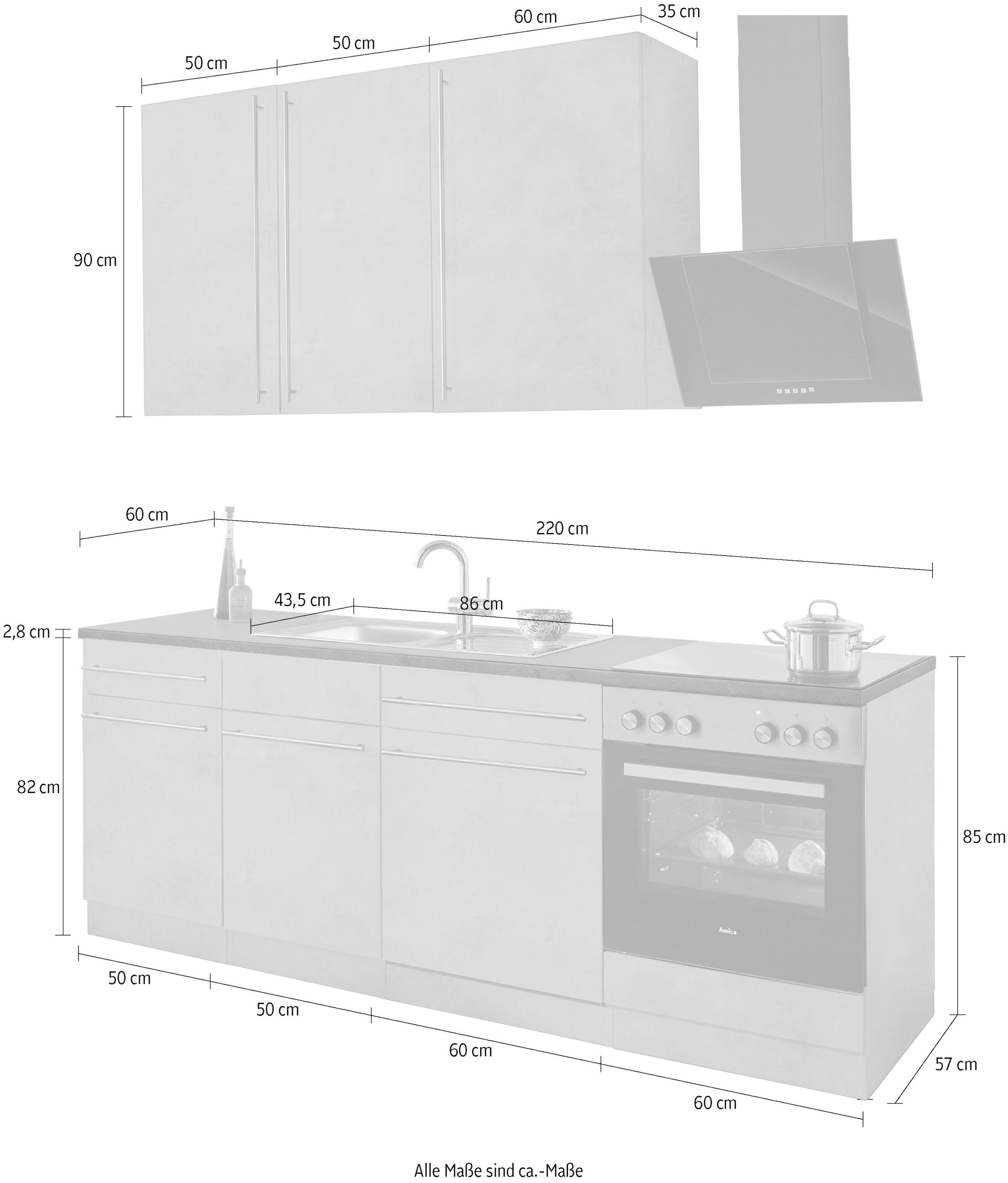 wiho Küchen Küchenzeile »Chicago«, Breite auf mit 220 E-Geräten, cm Raten bestellen