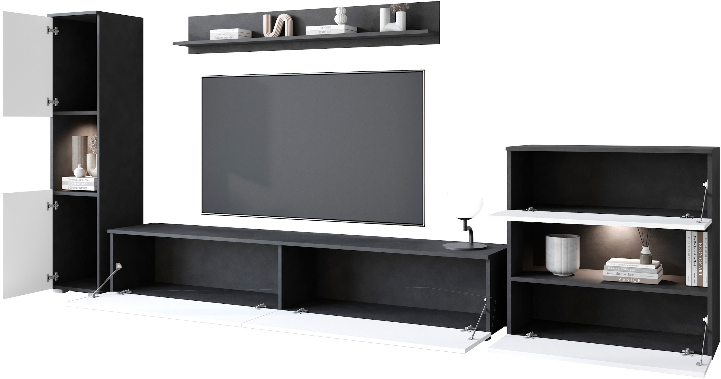 INOSIGN Wohnwand »PARIS«, (Komplett-Set, 4 St.), TV-Wand 300cm breite, grifflose Design, stehend und hängend montierbar