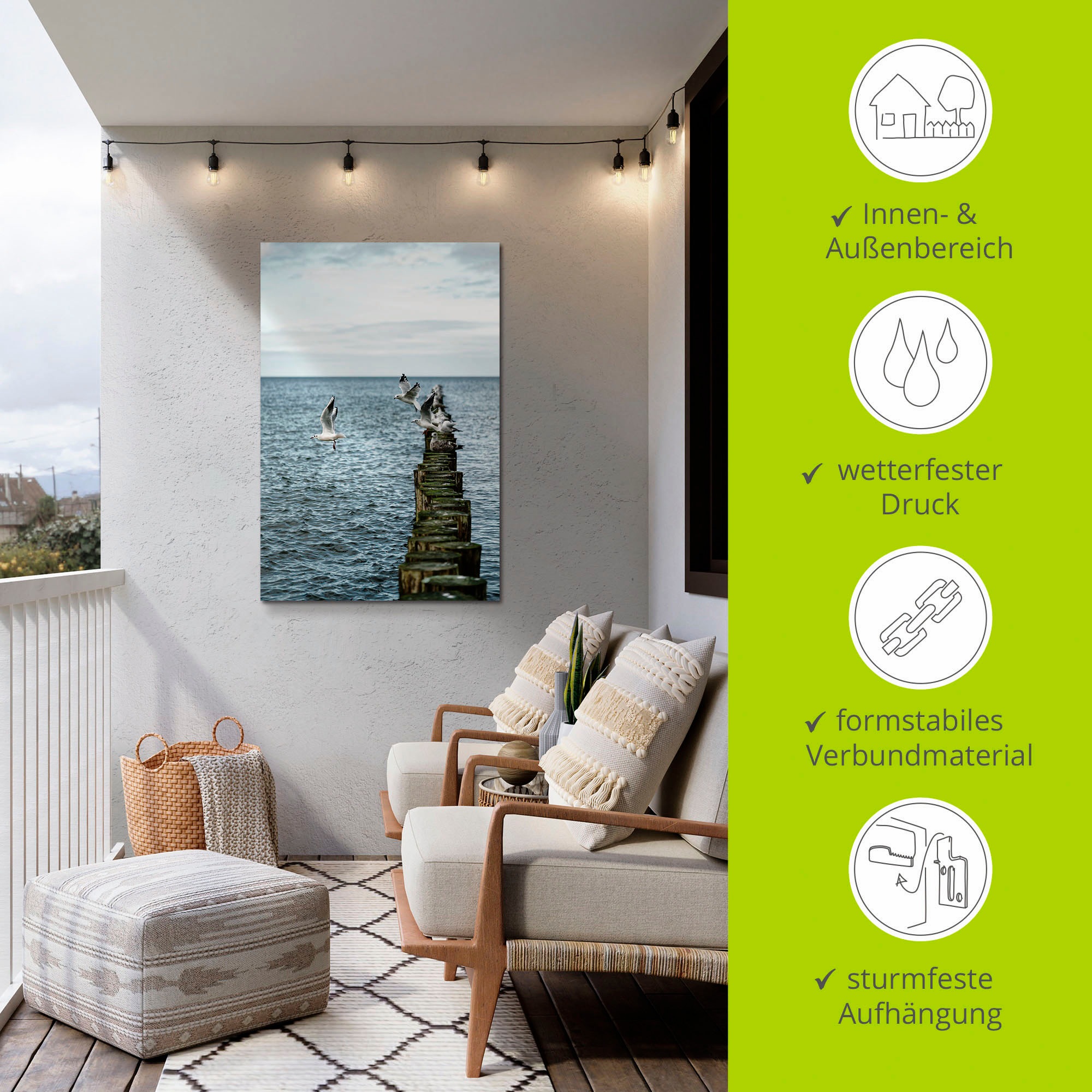 Artland Wandbild »Möwen starten von einer Buhnenreihe«, Vogelbilder, (1 St.), als Alubild, Outdoorbild, Poster in verschied. Größen