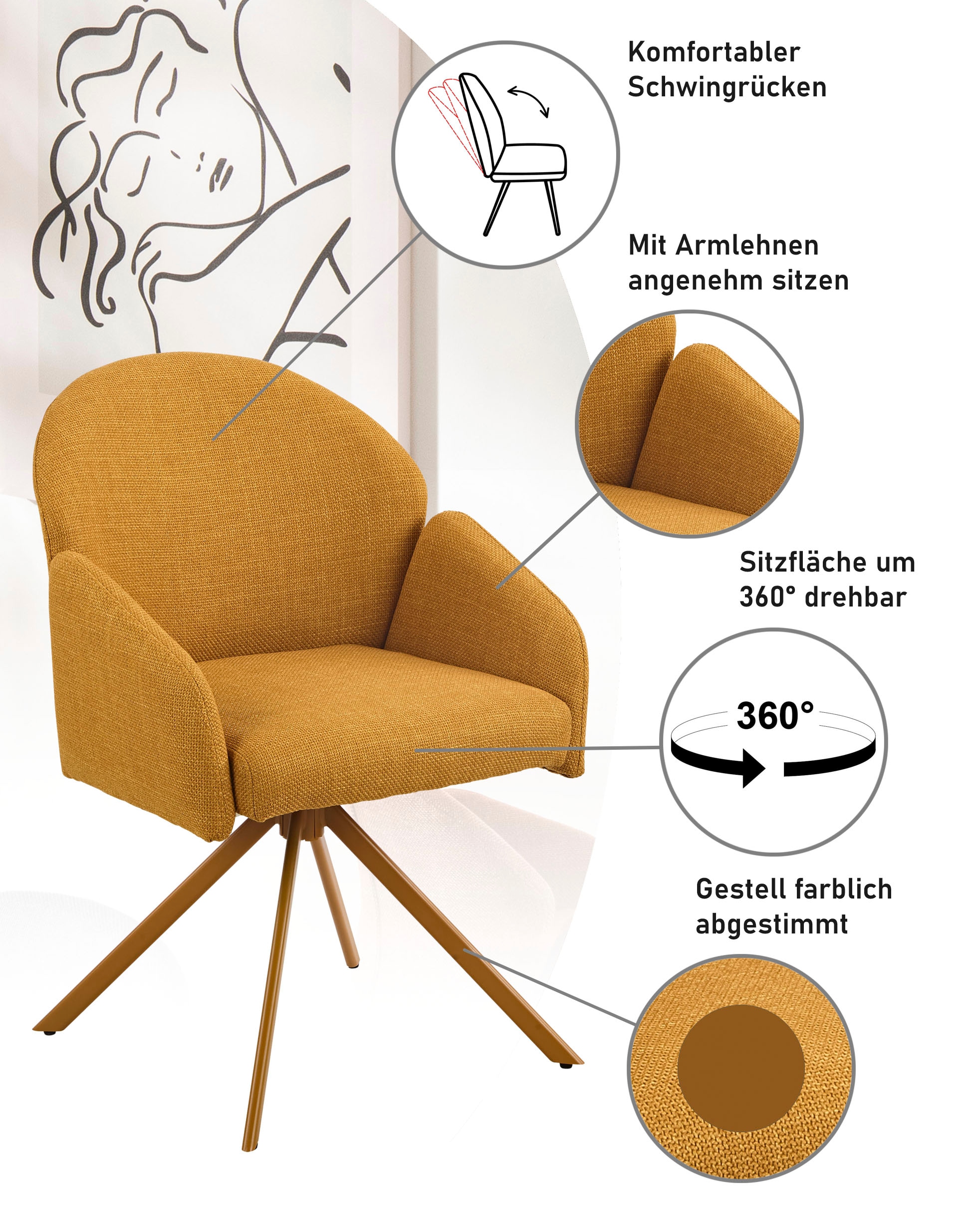HELA Armlehnstuhl »HOLLY« (Set) 2 Stk.360° drehbar, Armlehnen, Gestell angepasst, Swing Back Komfortrücken