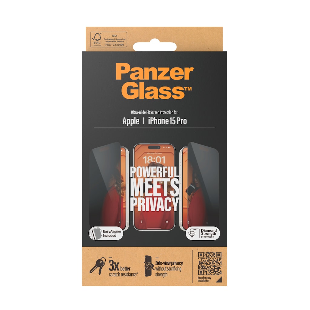 PanzerGlass Displayschutzglas »Privacy Screen Protector Glass«, für iPhone 15 Pro, Ultra Wide Fit