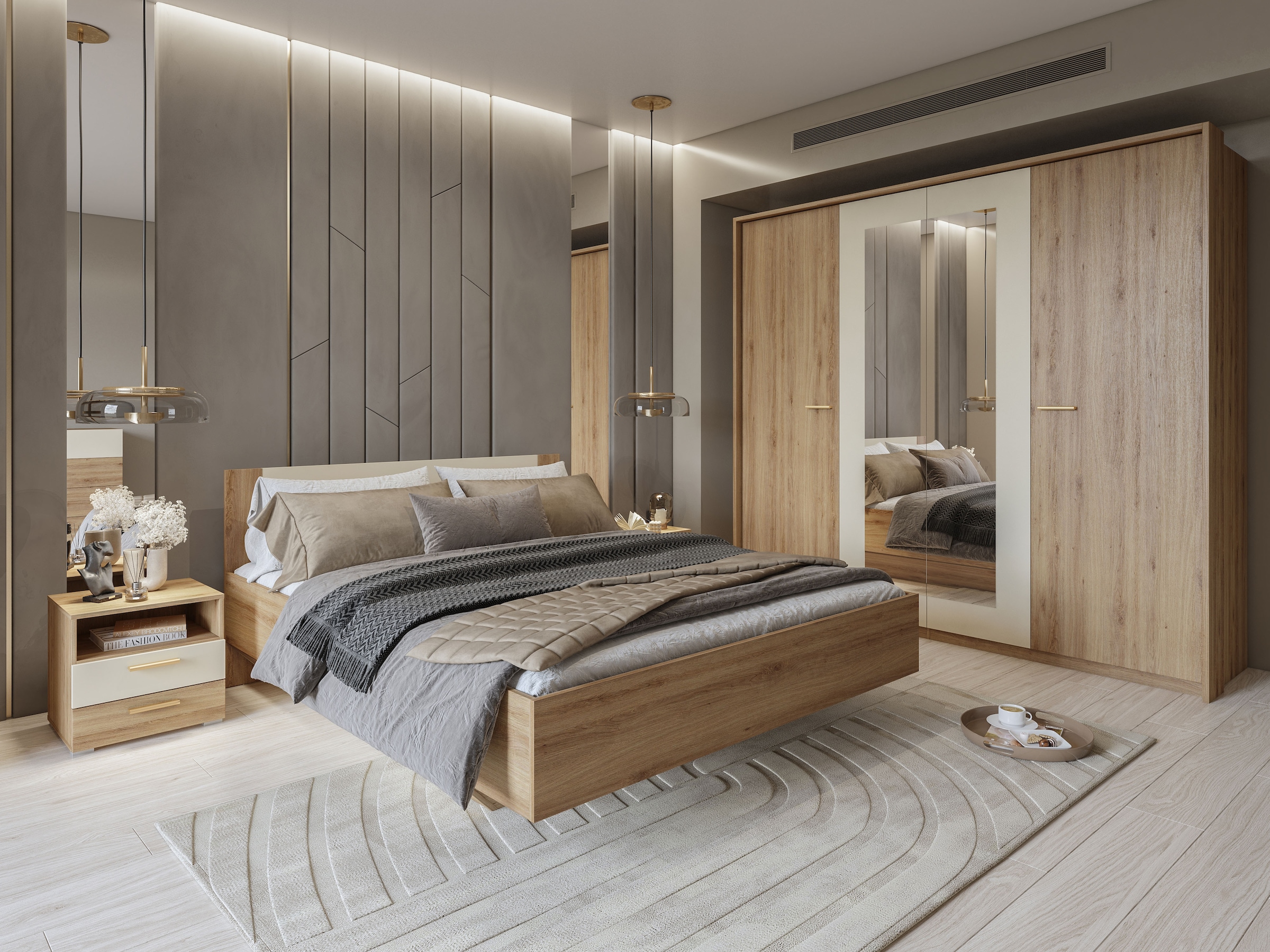 Home affaire Schlafzimmer-Set »Bitry,Set 4-St(Bett 180 cm, 2xNako, Drehtürenschrank)«, Komplettschlafzimmer, viel Stauraum, fühlbare Struktur, Holzoptik