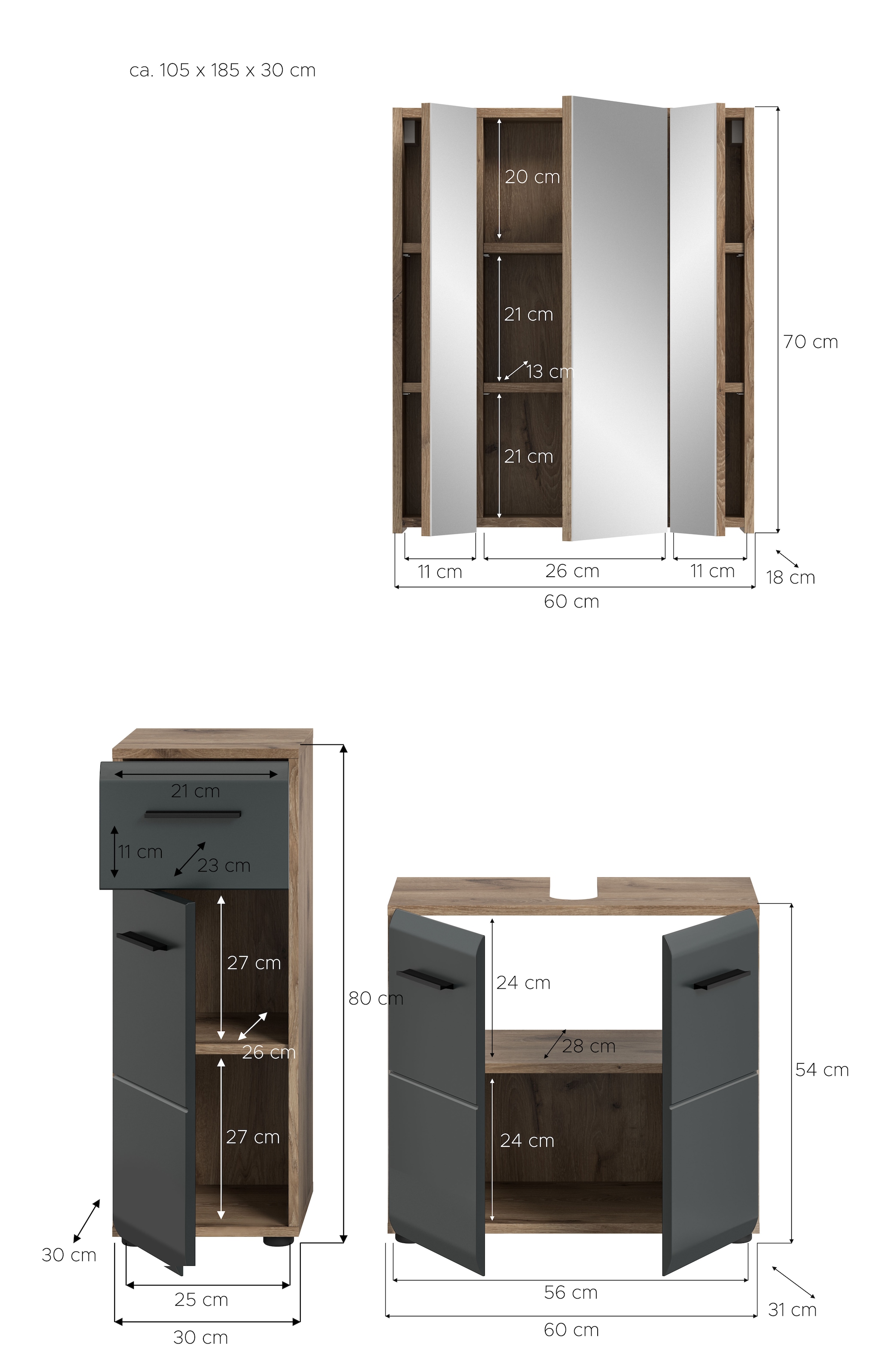 welltime Badmöbel-Set »FLORENZ,  3-teilige Badkombination, hochwertige MDF-Front« best. aus: 1 Unterschrank, 1 Waschbeckenunterschrank, 1 Spiegelschrank, 