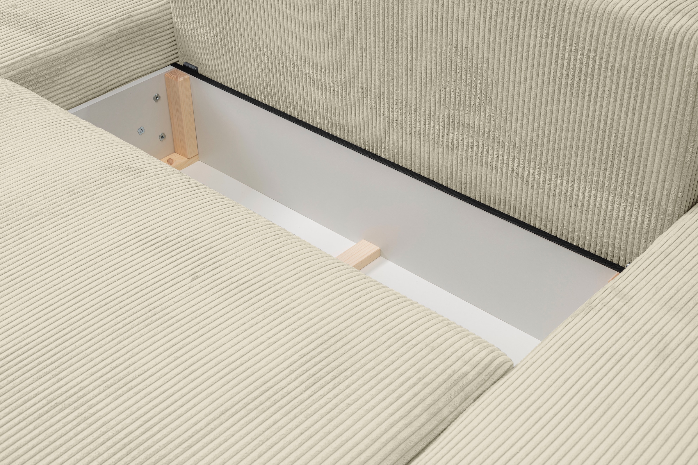 WERK2 Wohnlandschaft »Rotterdam-U, U-Form, in kuschelweichem Cord oder Breitcord«, Design Sofa mit Schlaffunktion & Bettkasten, Cord, Natur