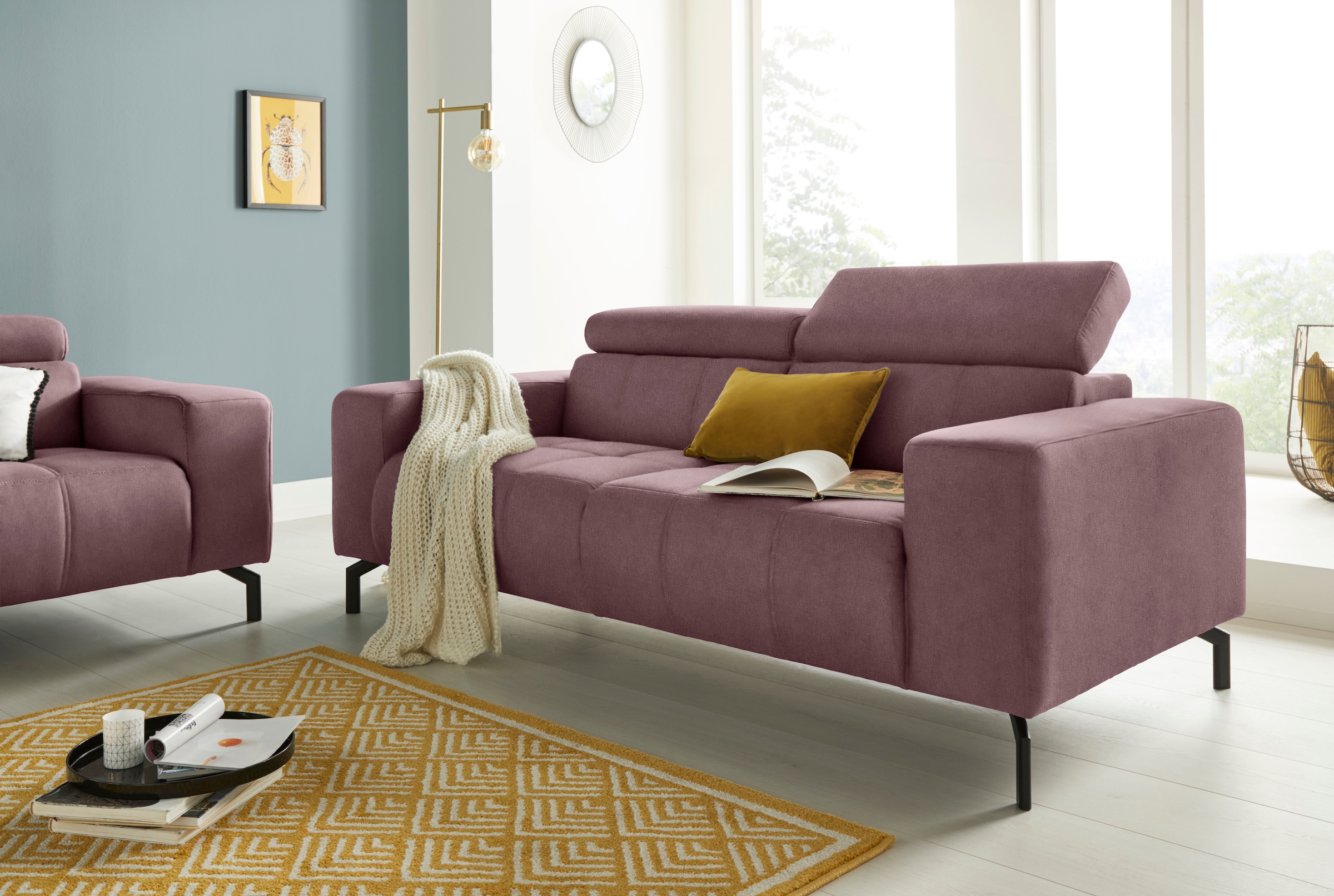 DOMO collection 2-Sitzer »Cunelli zeitlos und elegant, moderne Sitznähte als Designelement,«, wahlweise mit 6-fach verstellbaren Kopfteilen, fester Sitzkomfort