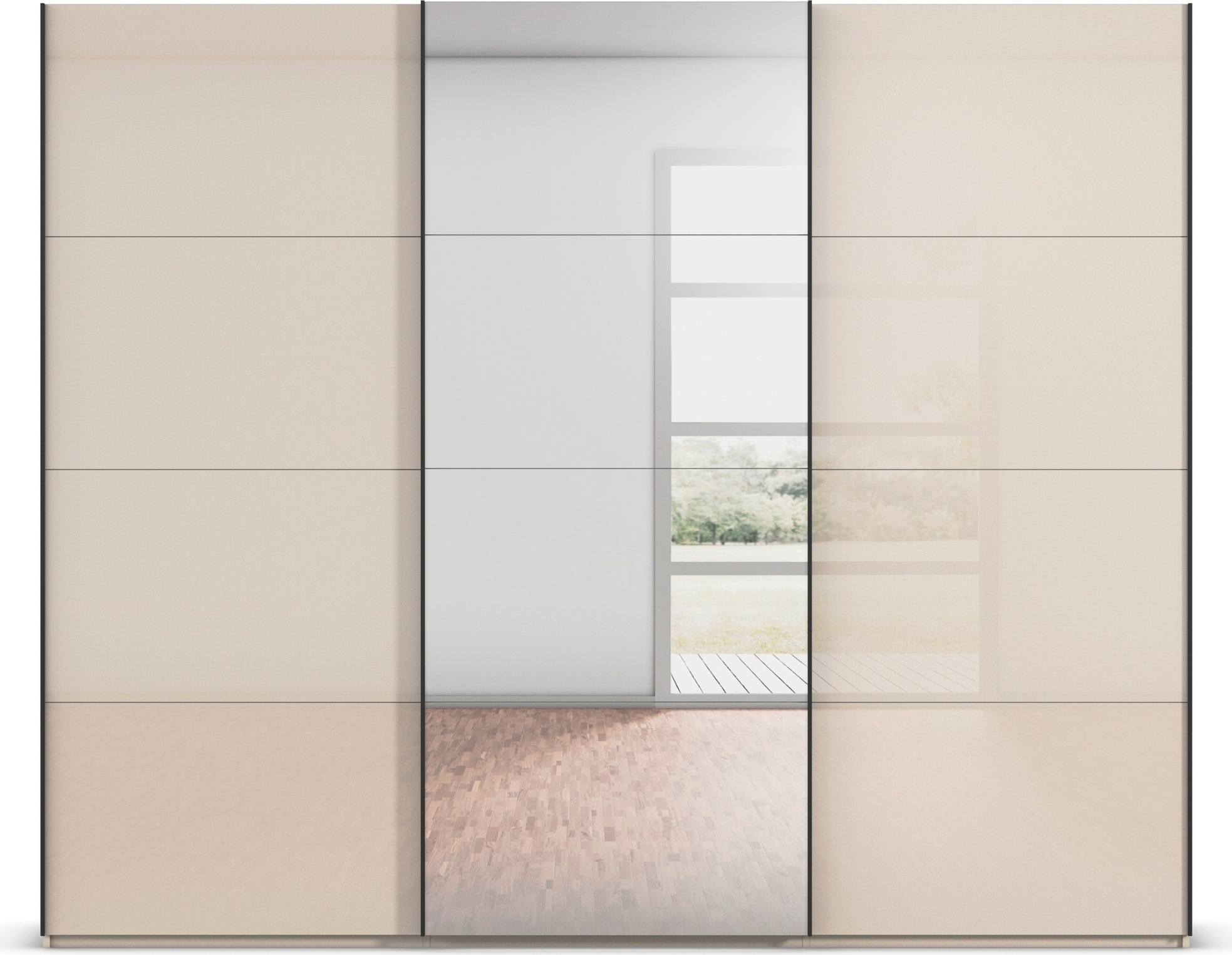 rauch Schwebetürenschrank »Kleiderschrank Schrank Garderobe Schlafzimmerschrank SCALE-FYRA«, edle viergeteilte Türen Spiegel/Glas-Mix viele Farben MADE IN GERMANY