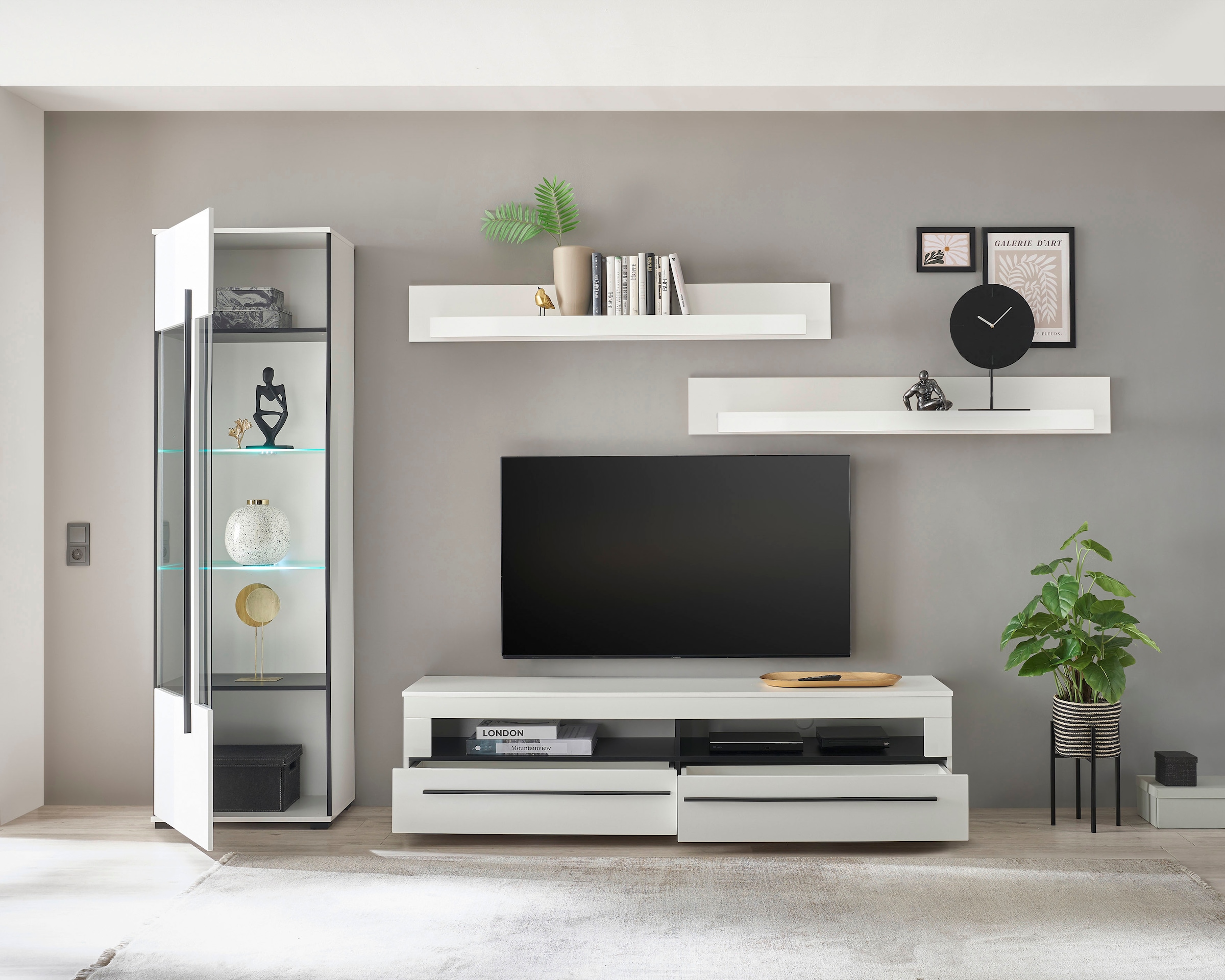 INOSIGN Wohnwand »Cantara, moderne Anbauwand, Wohnzimmer-Set, in Eiche Evoke oder Weiß«, (Set), enthält eine Vitrine, ein Lowboard und zwei Wandboards