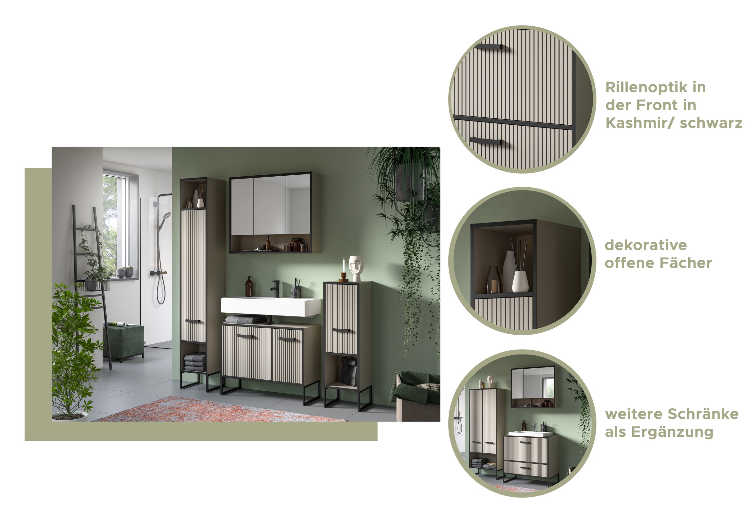 welltime Badmöbel-Set »Locri, Breite 80 cm, Rillenoptik, Metallkufen«, (2 St.), best. aus: Spiegelschrank, Waschtisch