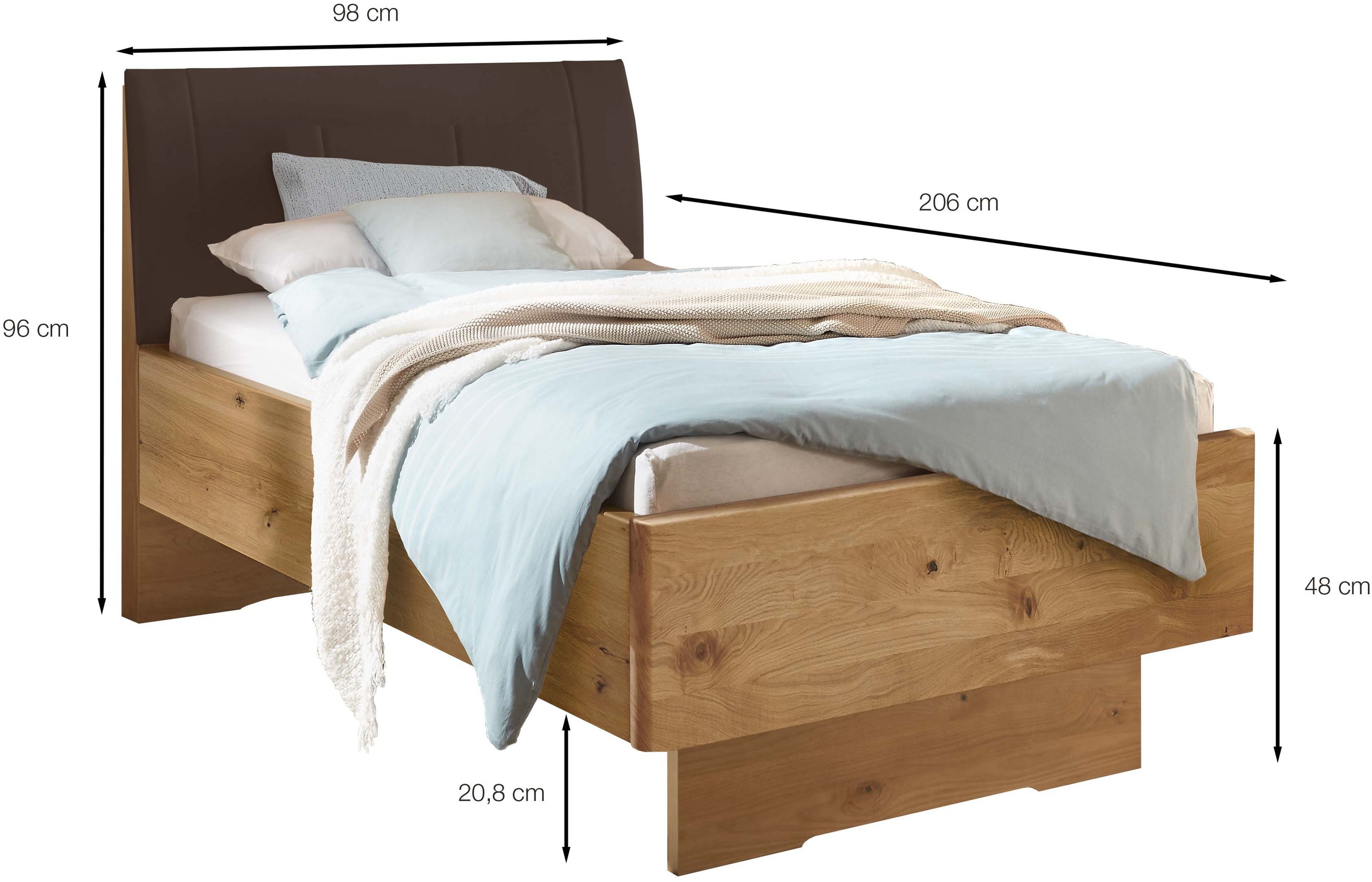WIEMANN Holzbett »Cardiff, Bettgestell, Bettrahmen, teilmassiv, mit Polsterkopfteil«, (Belastbarkeit 110/220 Kg, 4-fache höhenverstellbar, MADE IN GERMANY), Fußteil aus Massivholz, verschiedene Größen