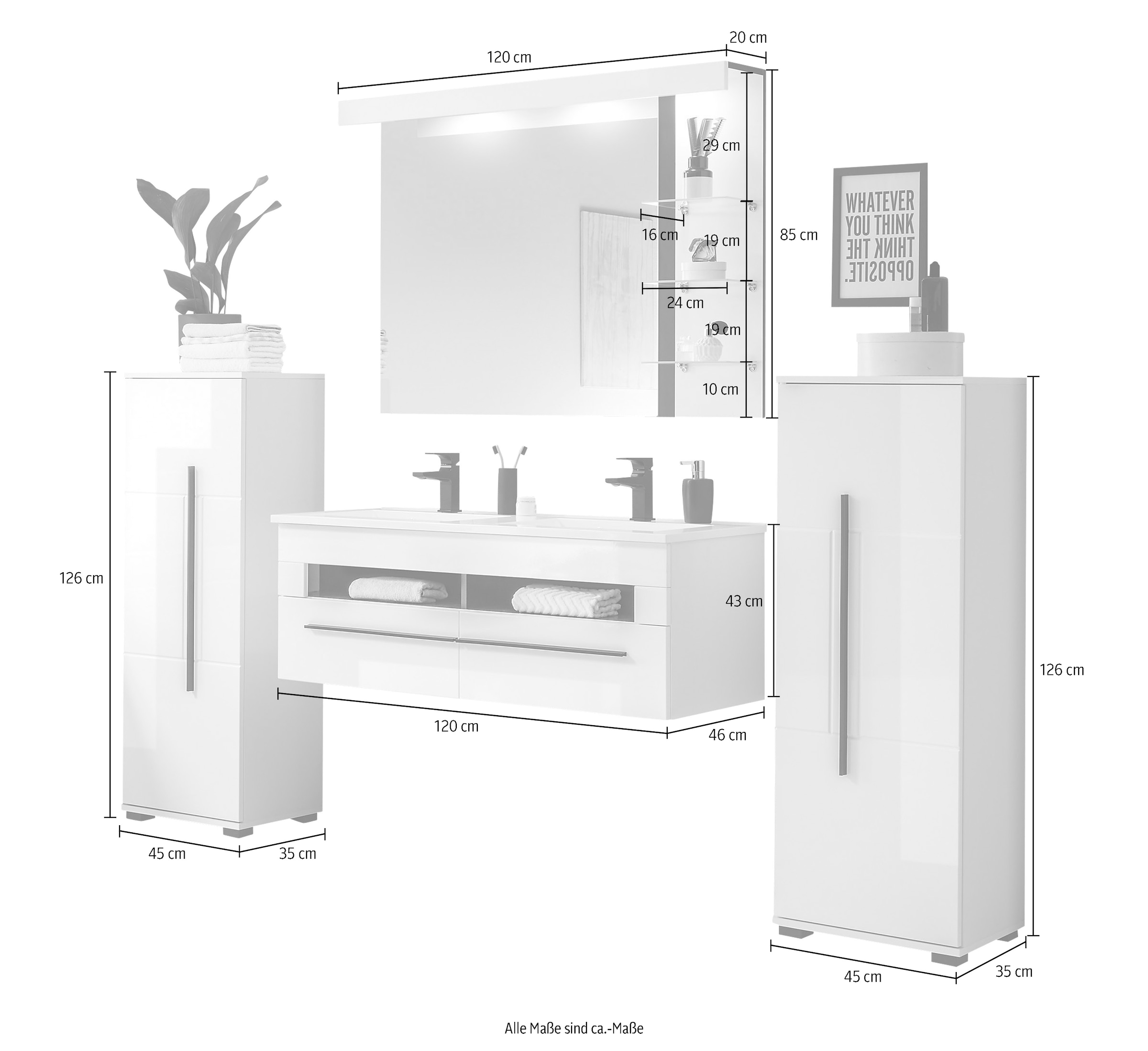 INOSIGN Badmöbel-Set »Cantara, Bad im modernen Design, 4-teiliges Badezimmer«, (Set, 4 St.), Waschtisch, Schränke und Spiegel, in Weiß Hochglanz, viel Stauraum