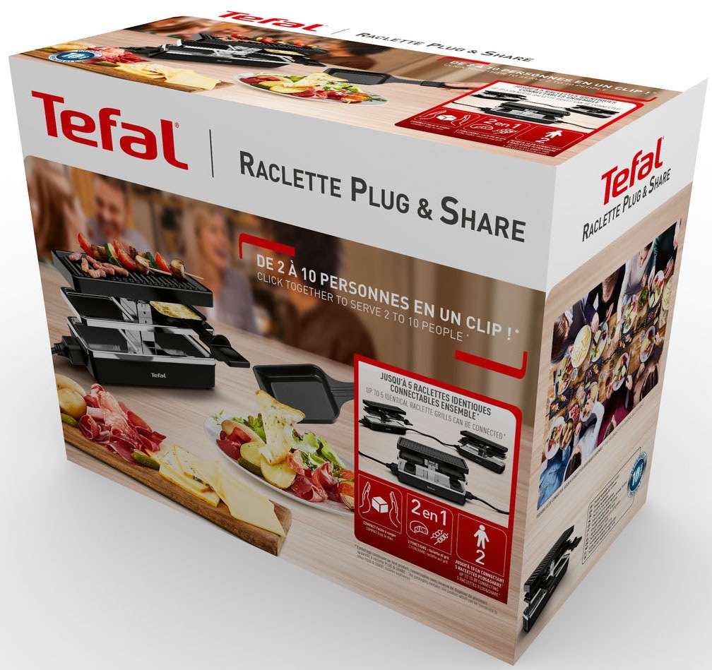 Tefal Raclette »Plug&Share, mit Erweiterungsmöglichkeit, abnehmbares Kabel«, 2 St. Raclettepfännchen, 400 W, spülmaschinengeeignete Pfännchen und Platte, platzsparend, RE2308