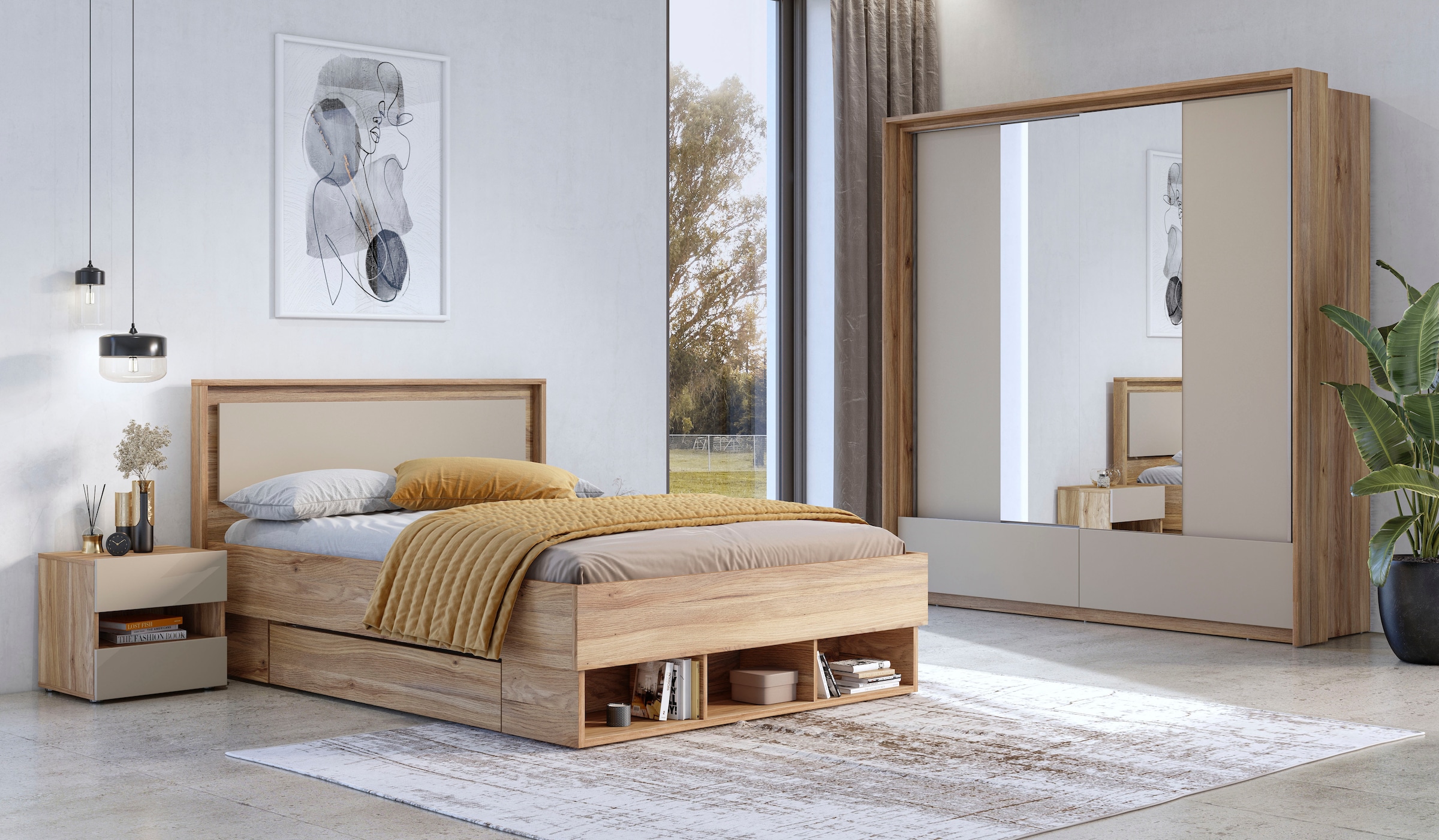 INOSIGN Bettgestell »Wharton, 140, 160 oder 180cm Breite, Made in Europe«, (mit oder ohne Stauraumschubladen), Doppelbett mit offenen Regalen, FSC-zertifizierter Holzwerkstoff