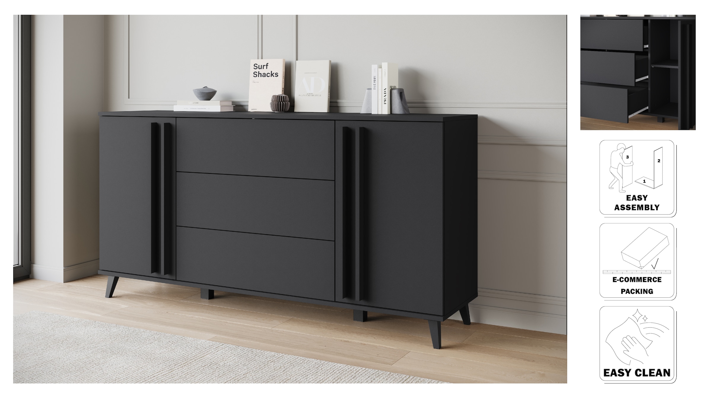 INOSIGN Sideboard »Helsinki, Kommode mit 2 Türen und 3 Schubladen, Breite 150 cm«, (1 St.), Push-to-Open-Schubladen, höhenverstellbare Einlegeböden