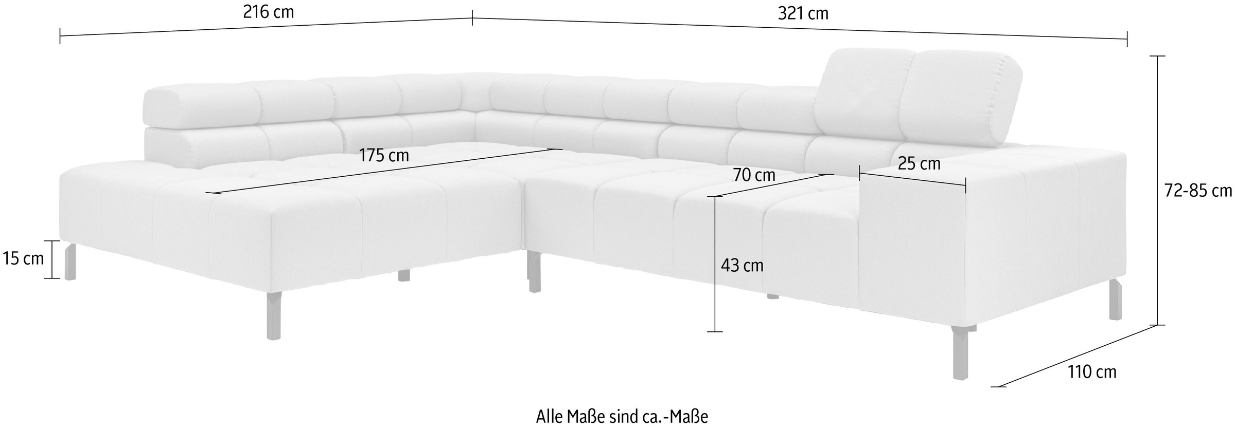 INOSIGN Ecksofa »Ancona New, wahlweise motorische Sitztiefenverstellung, auch in Cord«, feine Steppung, mit Kopfteilverstellung, 3 Zierkissen, L-Form