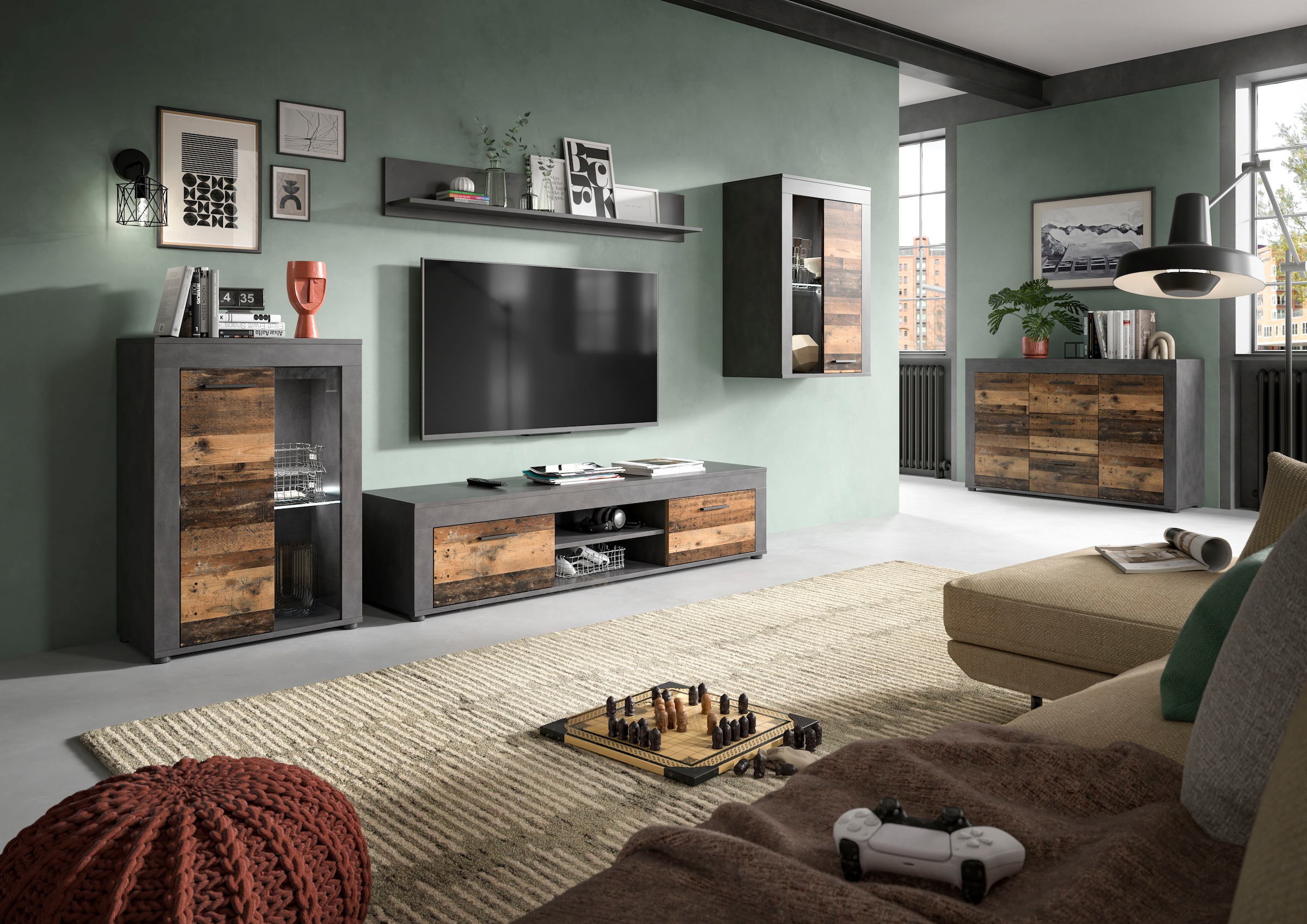 INOSIGN Wohnwand »Aosta, 4-tlg., best. aus: Vitrine, Lowboard, Wandboard & Vitrine hoch«, (4 St.), Wohnwand, Kombination, Anbauwand, Möbel Set, Schrankwand, Möbel Kombi
