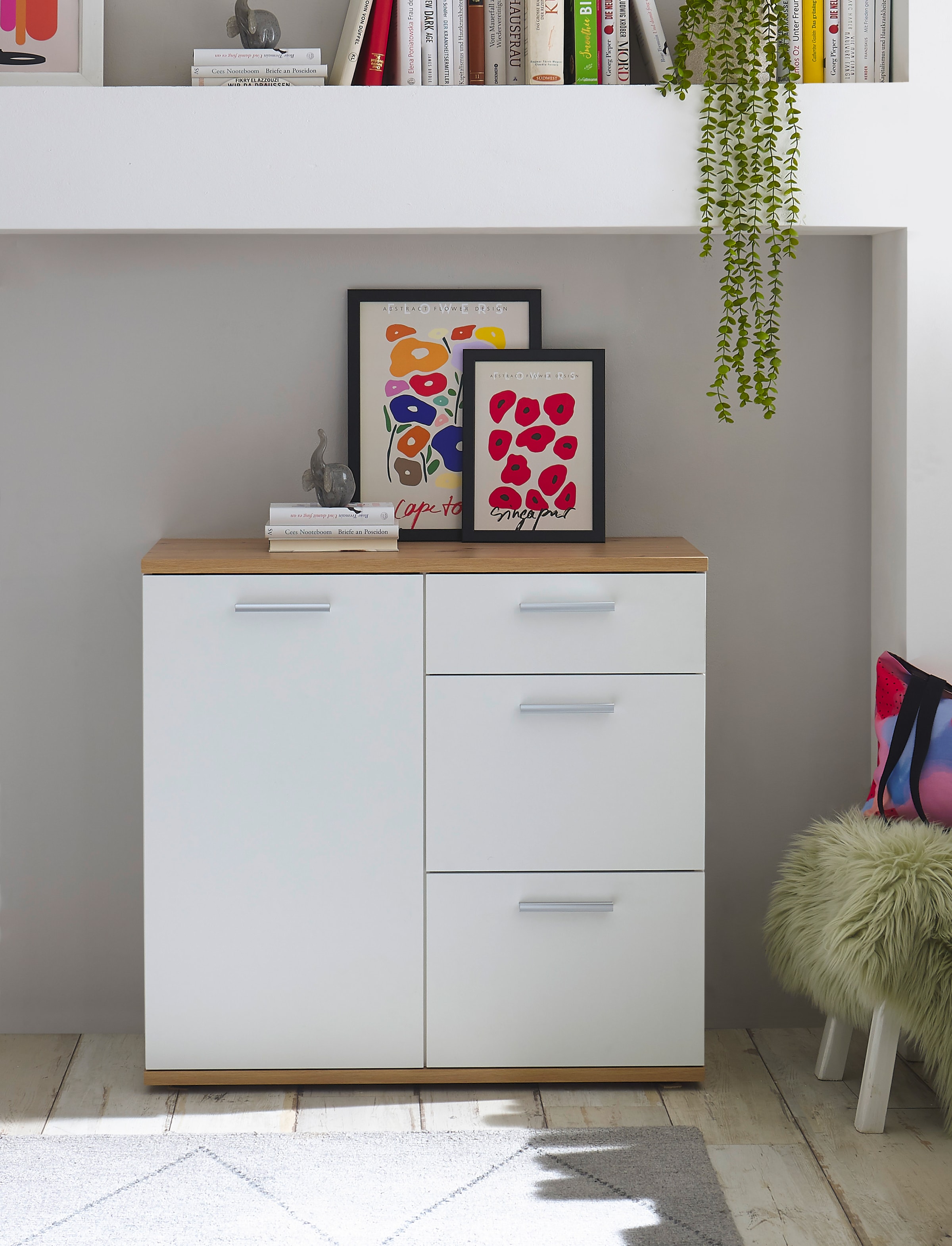 HBZ Kommode »BC1035 weiß matt, BxHxT 95x86x38 cm«, Kommode mit 1 Tür, 3 Schubkästen, 1 Einlegeboden