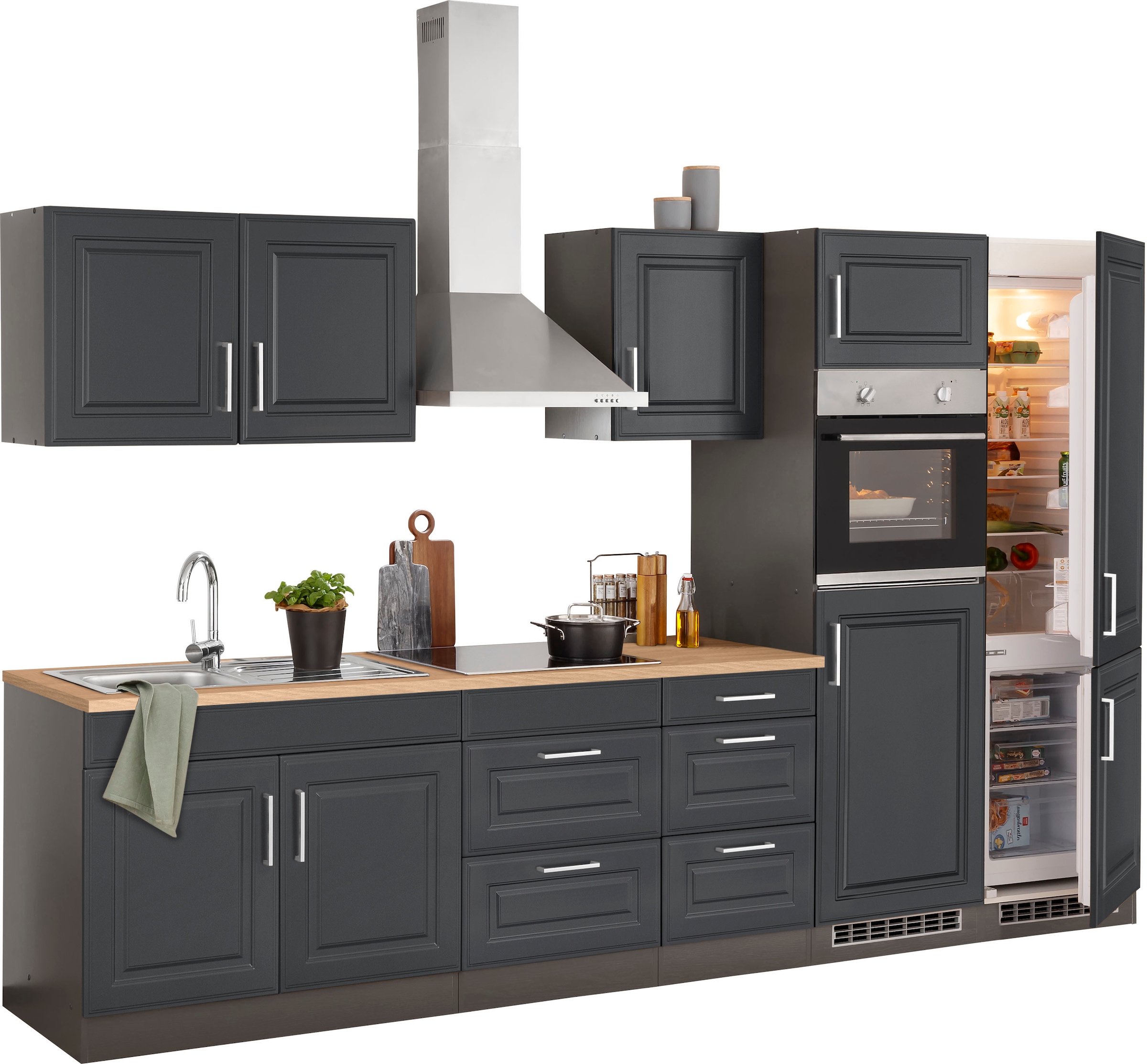 KOCHSTATION Küchenzeile »KS-Stockholm«, Breite 330 cm, mit hochwertigen MDF Fronten im Landhaus-Stil