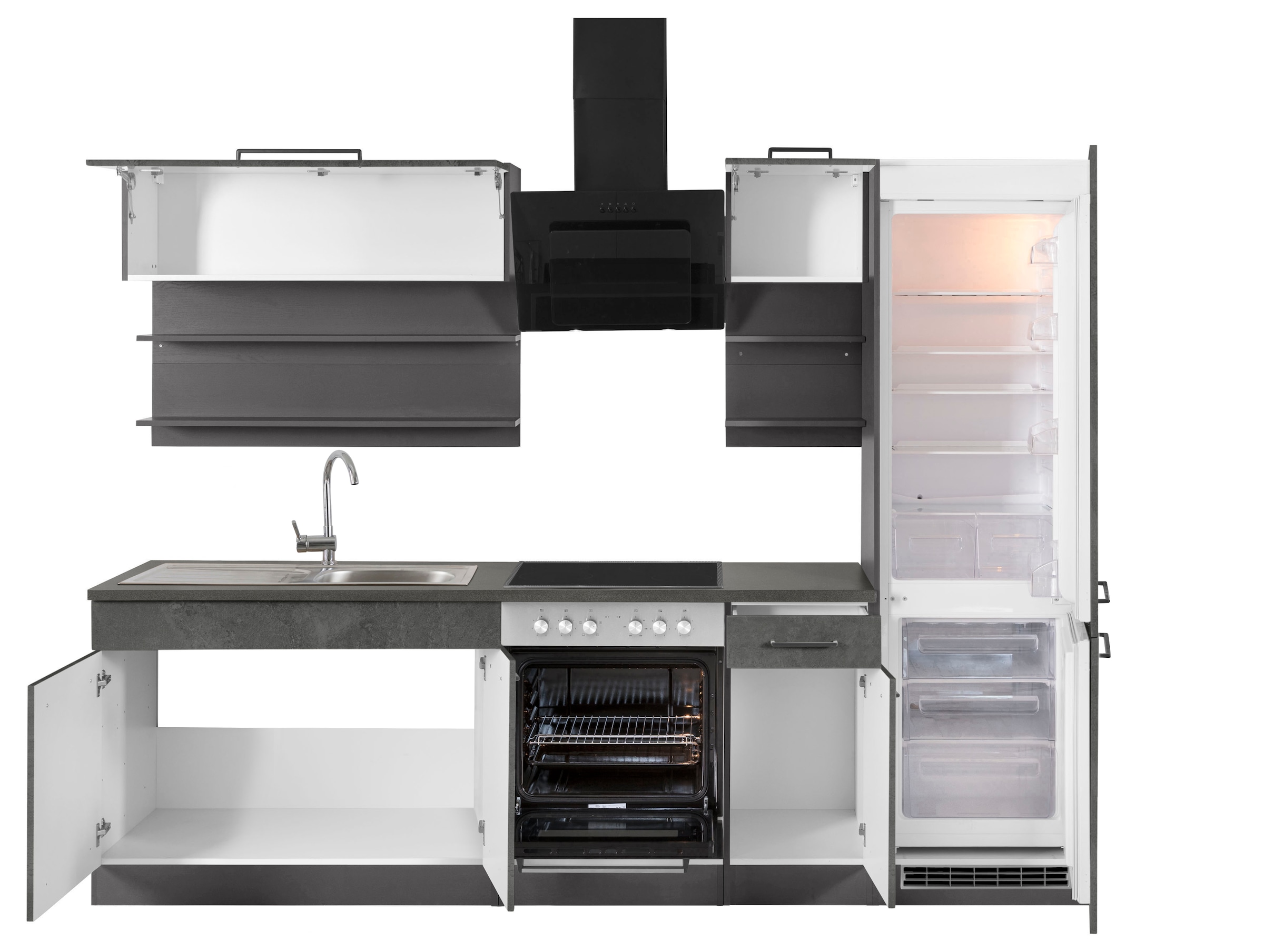KOCHSTATION Küchenzeile »KS-Tulsa«, mit E-Geräten, Breite 270 cm, schwarze Metallgriffe, MDF Fronten