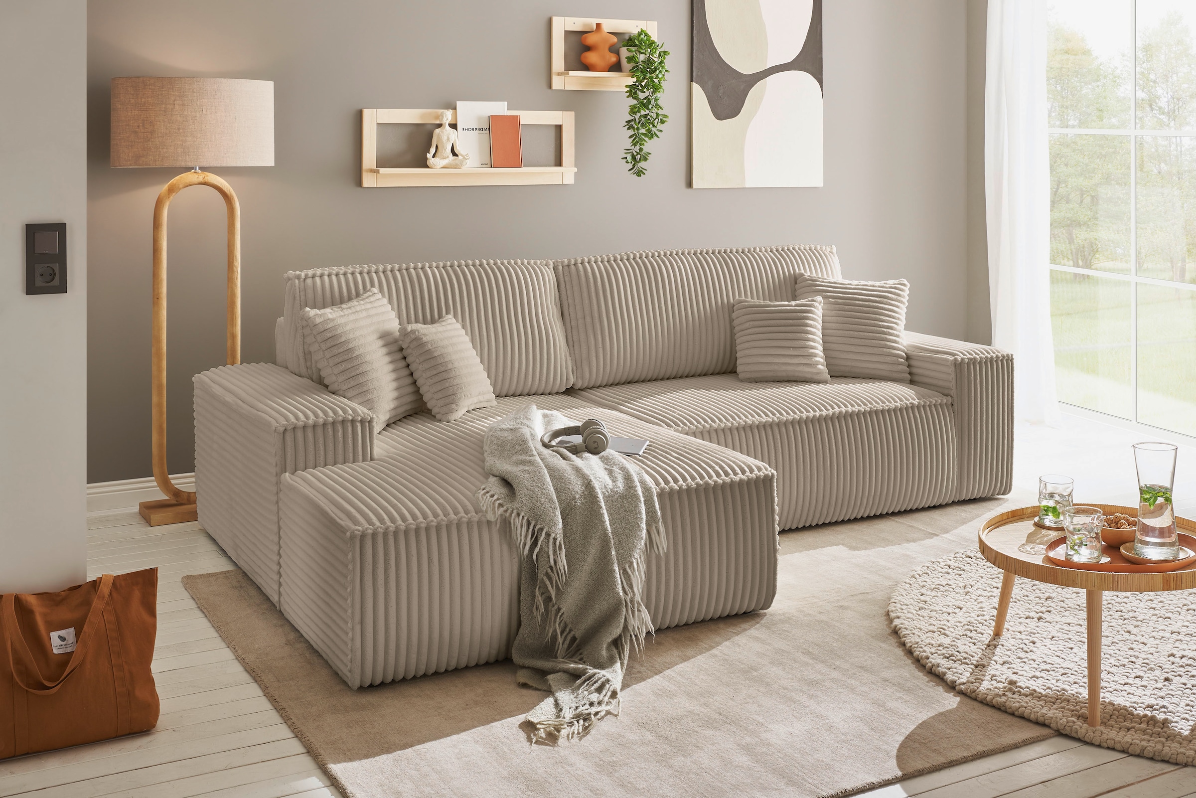 andas Ecksofa »Finnley Schlafsofa 267 cm in Bouclé, Struktur fein u. Cord, L-Form,«, Schlaffunktion m. Bettkasten (136/210 cm), Bouclé, Struktur und Cord