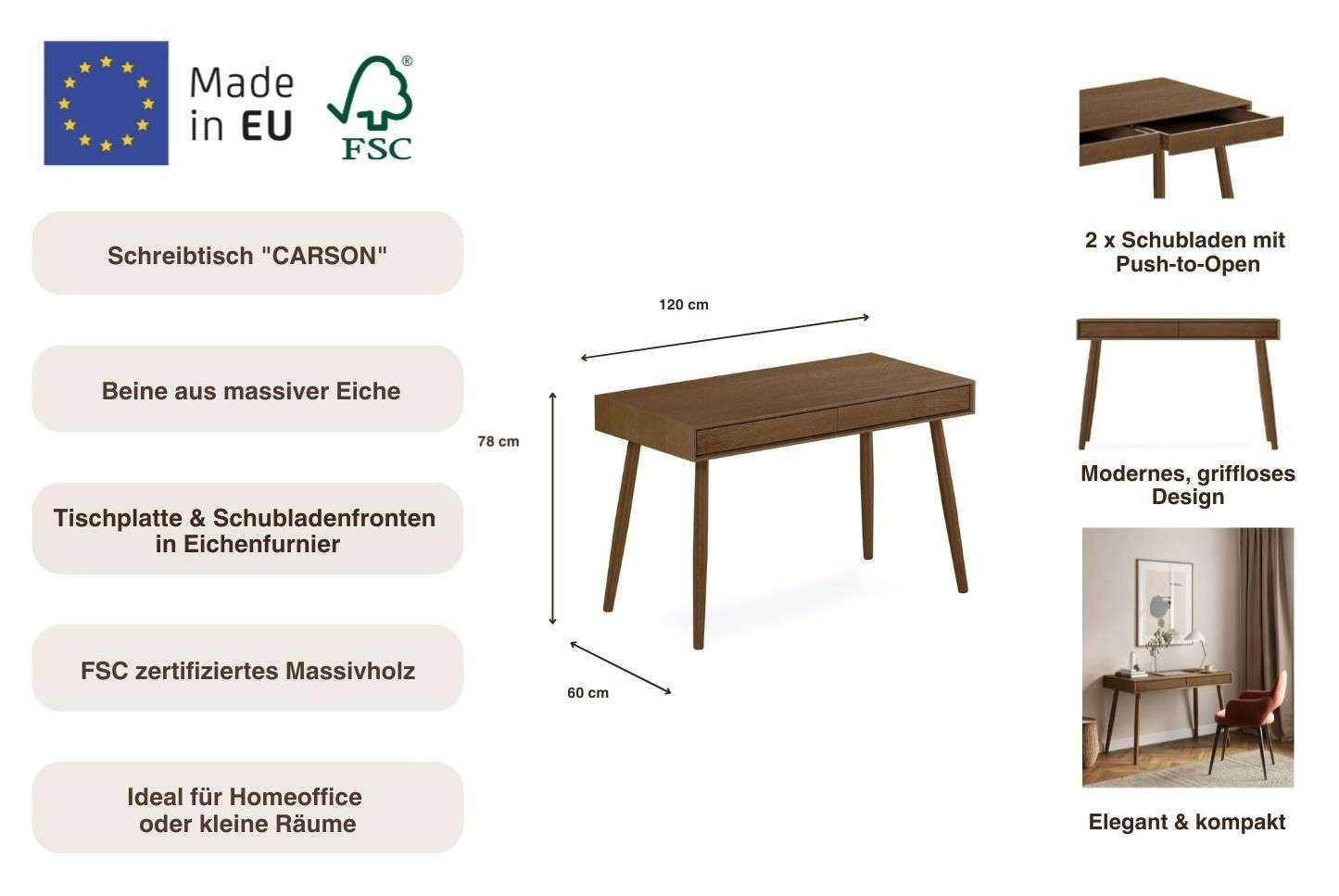 Woodman Schreibtisch »Carson« 120/60/78,  Breite 120 cm, Schubladen mit Push-to Open, FSC®