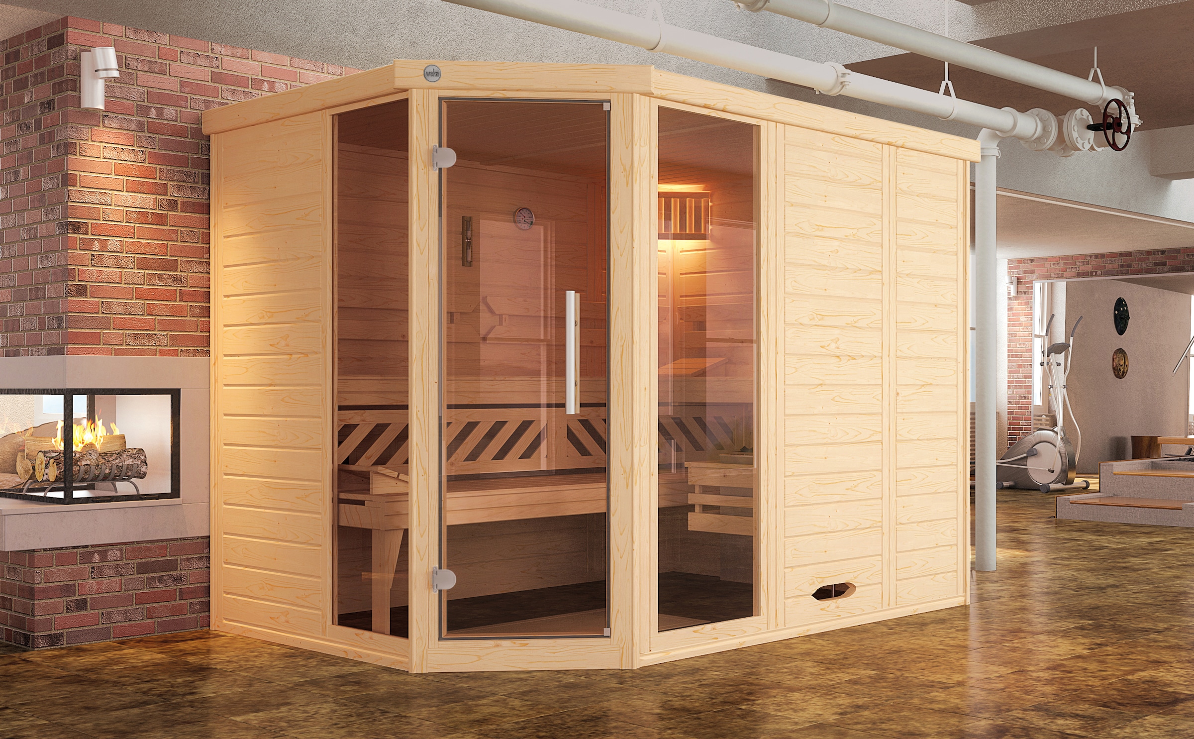weka Sauna »Design-Sauna KEMI Eck 2«, Blockbohlen, vorgef. Elemente, Fensterelement, mod. Ganzglastür