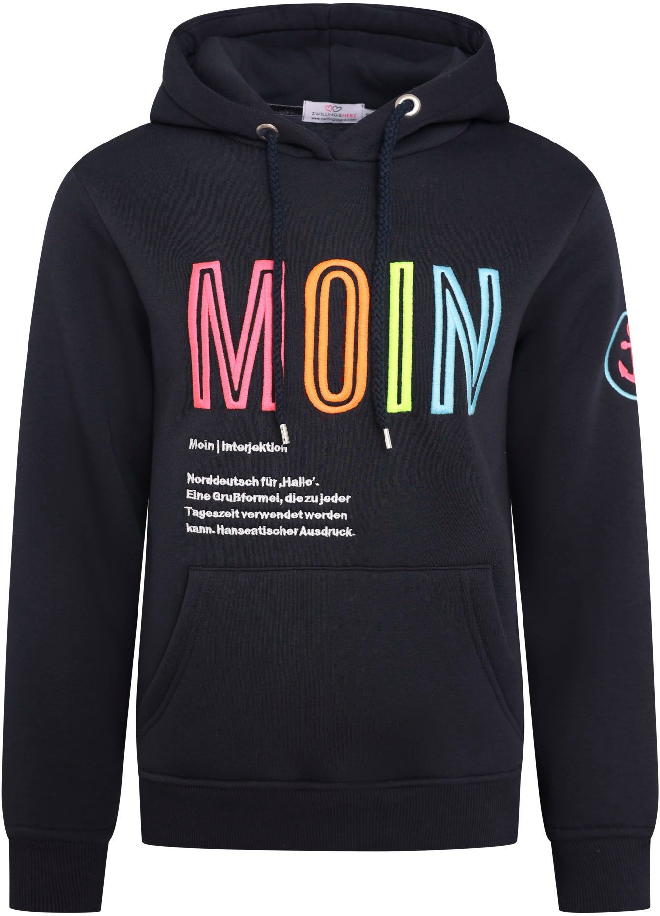 Zwillingsherz Sweat-Hoodie, mit aufgesticktem "MOIN"-Schriftzug in Neonfarben