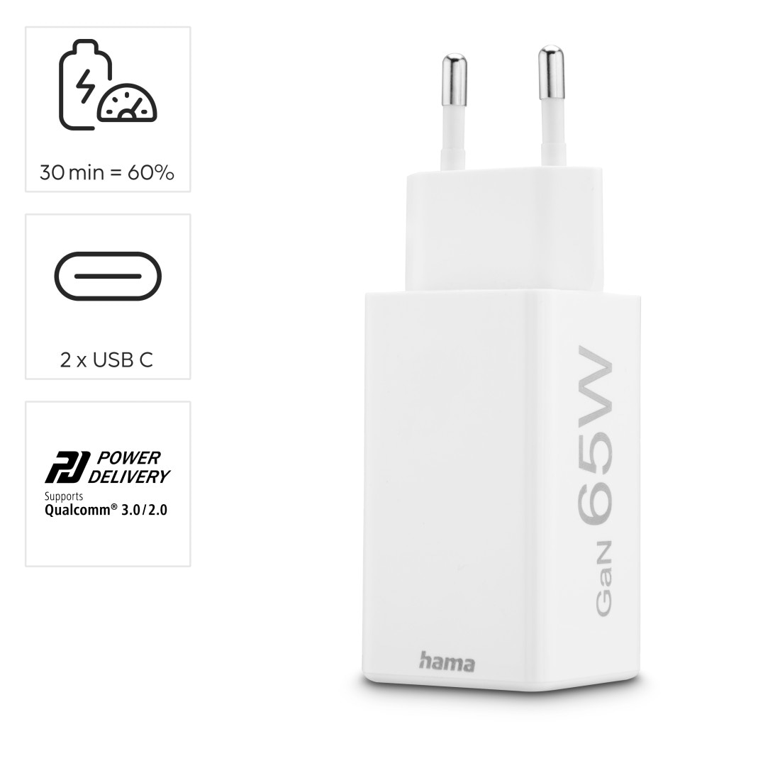 Hama Schnelllade-Gerät »USB-Ladegerät (Schnellladegerät Handy, Netzteil Laptop, 2x USB-C, 65W)«, (1 St.)