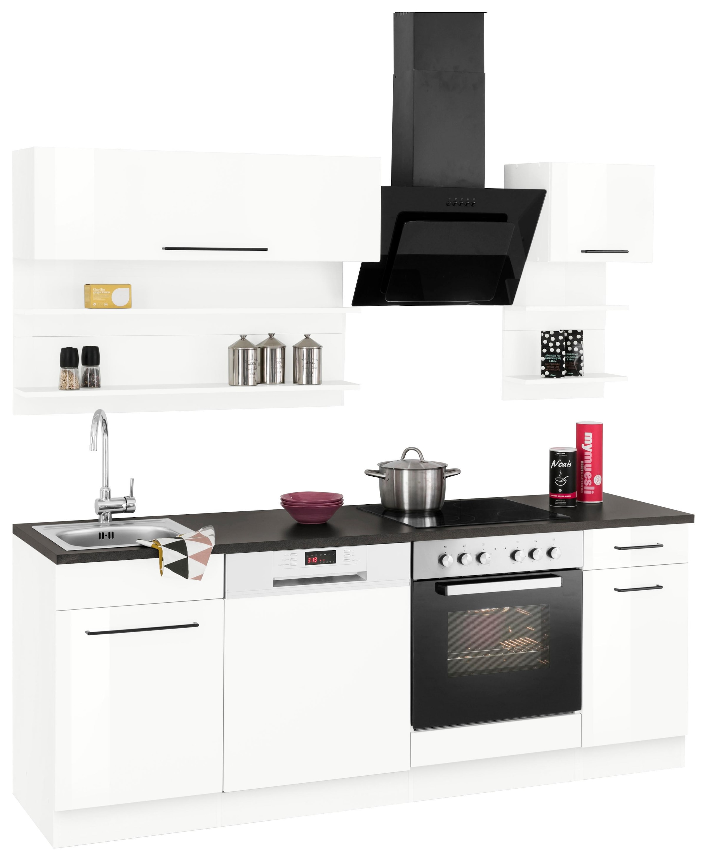KOCHSTATION Küchenzeile »KS-Tulsa«, ohne E-Geräte, Breite 210 cm, schwarze Metallgriffe, MDF Fronten