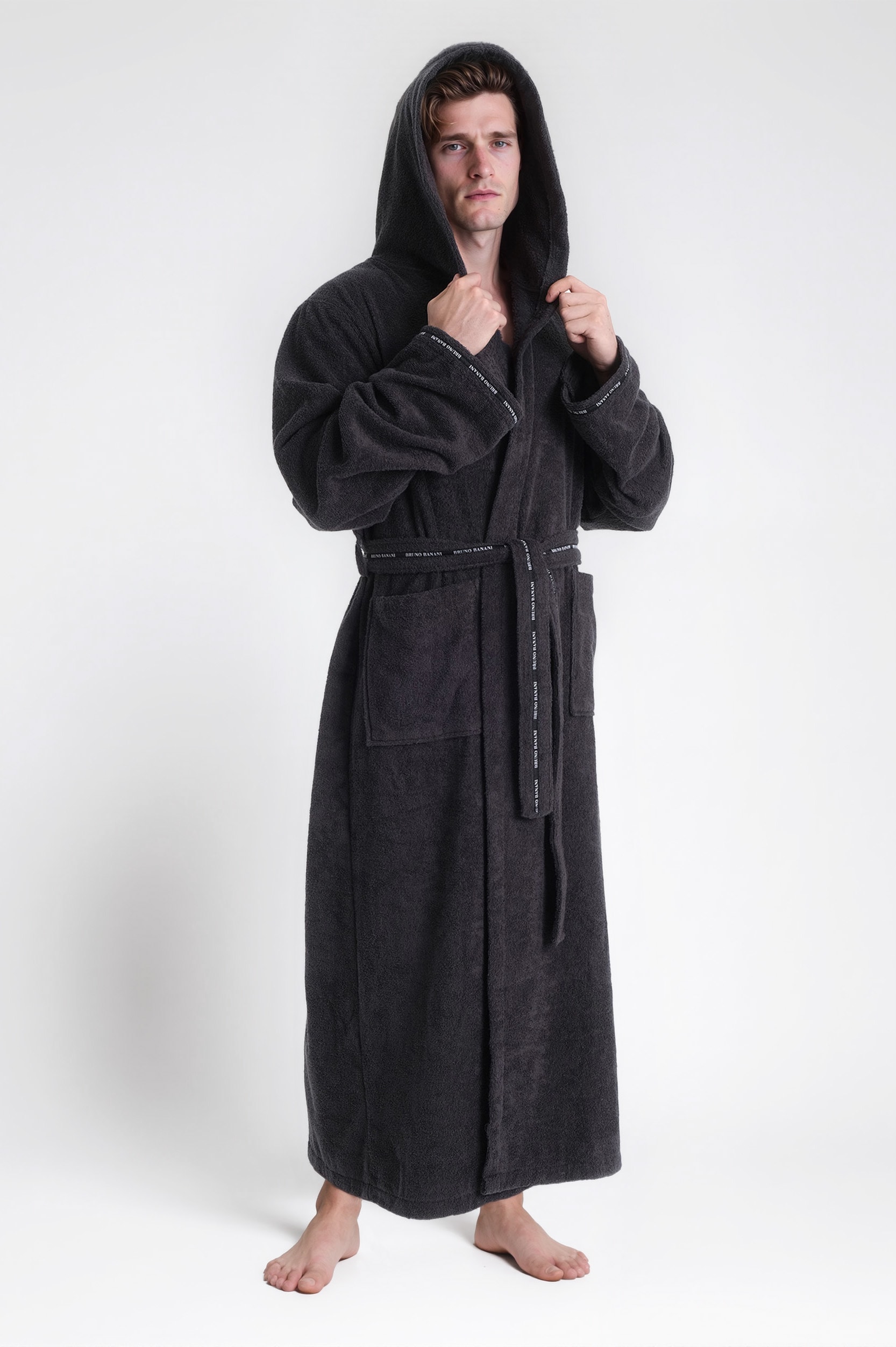 Bruno Banani Herrenbademantel »»Danny« Normallänge & Überlänge, auch in extra lang, Hotelbademantel«, (1 St.), mit Logostreifen, Herren Bademantel aus 100% Baumwolle, S-4XL
