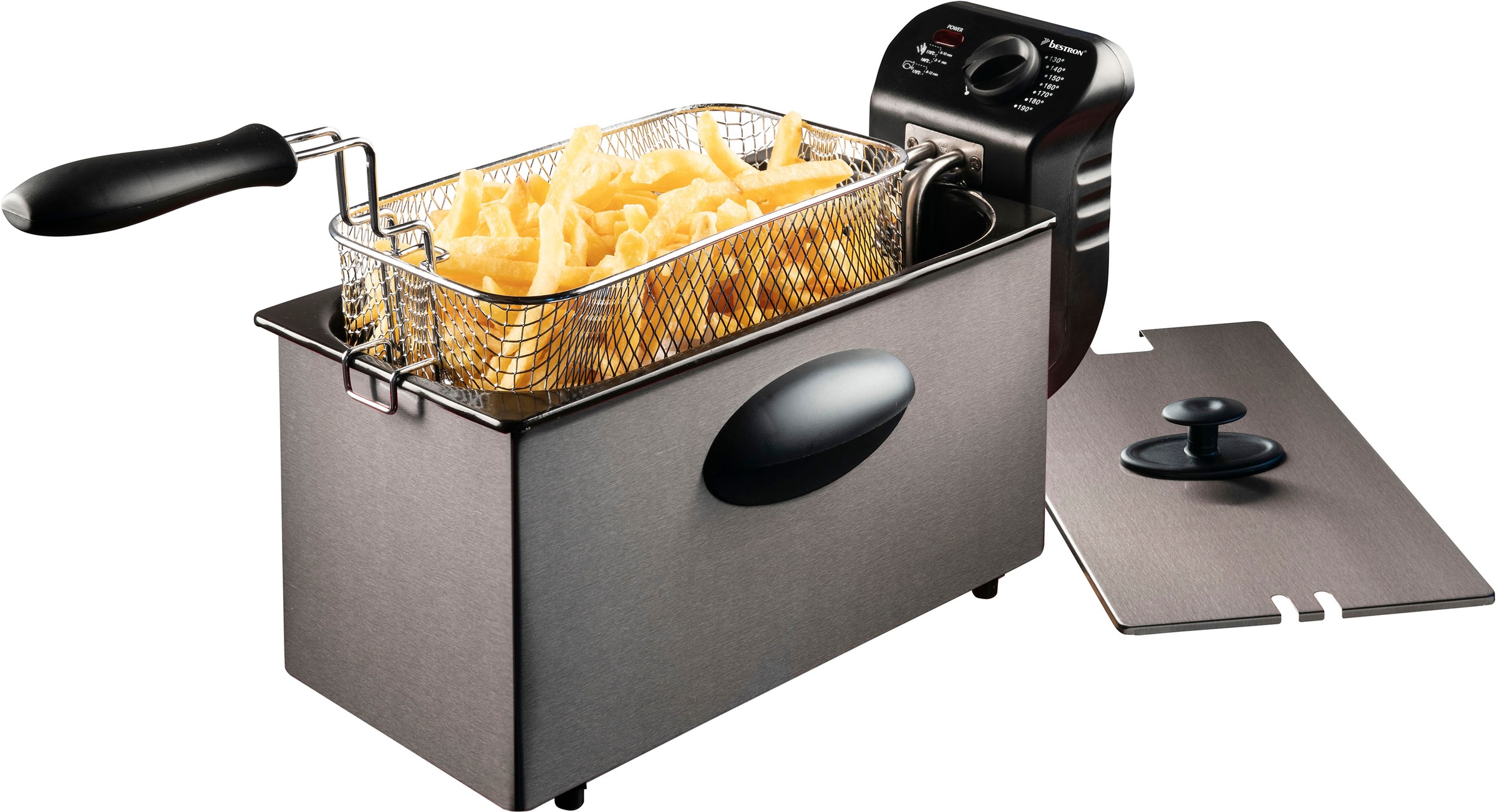 bestron Fritteuse »AF357A, emailierter Fettbehälter«, 2000 W, Fassungsvermögen 3,5 l, Temperatur bis maximal 190°C, Abtropffunktion, Cool Zone