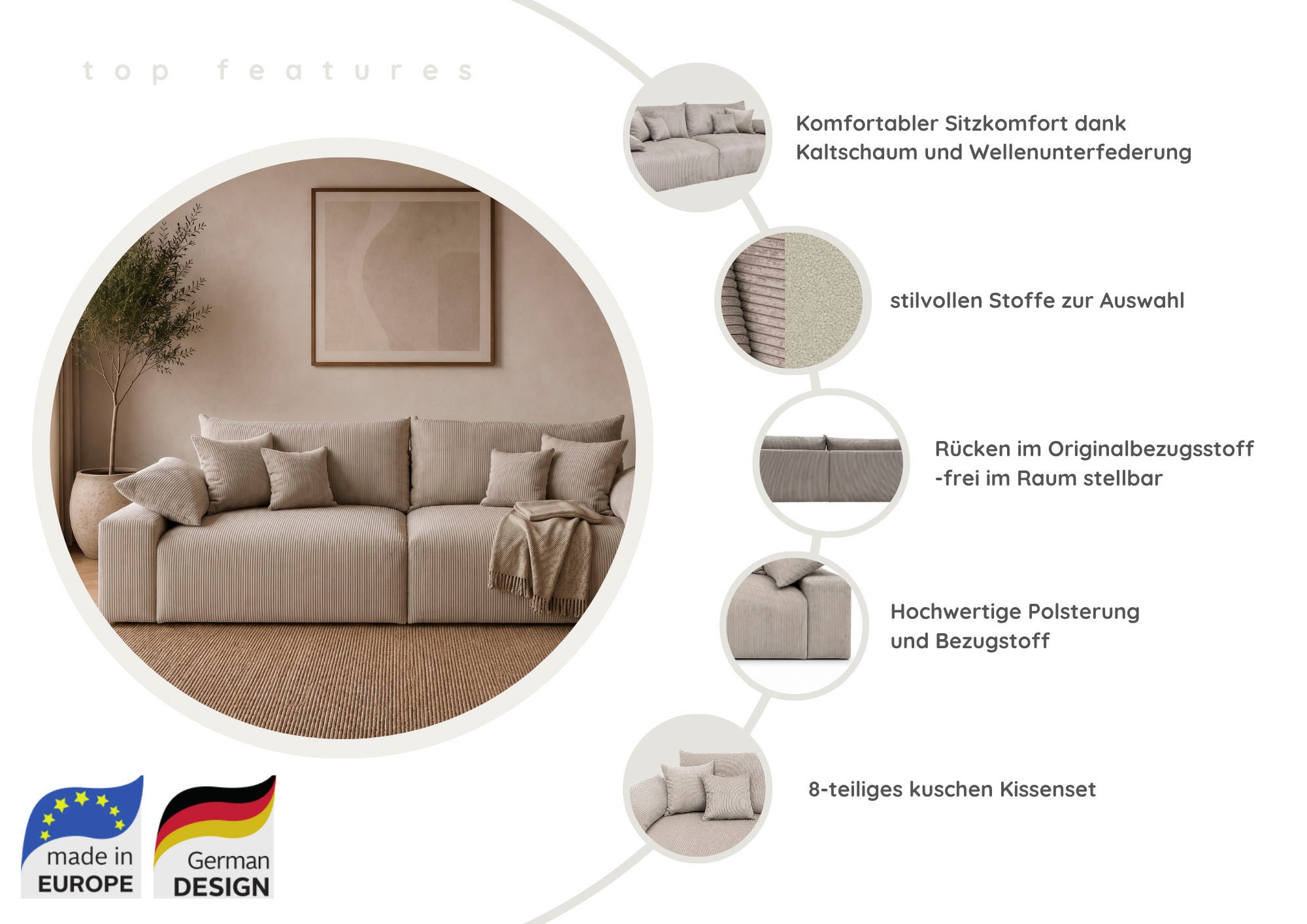 OTTO home Big-Sofa Mega-Sofa wahlweise in Cord oder Bouclé, mit Federkern & 6 Zierkissen