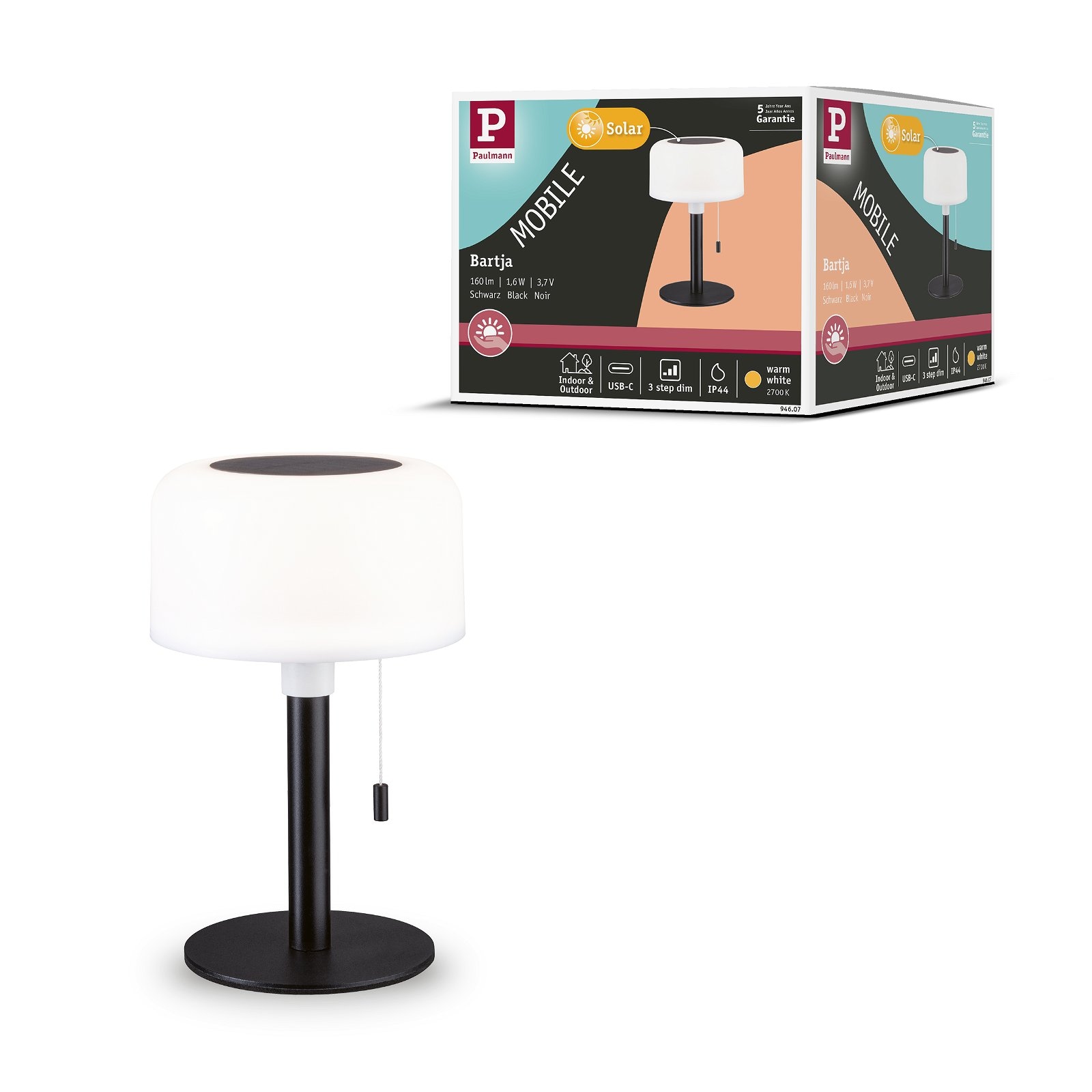 Paulmann LED Außen-Tischleuchte »Mobile Solar Bartja IP44 2700K USB-C Akku«, 1 flammig