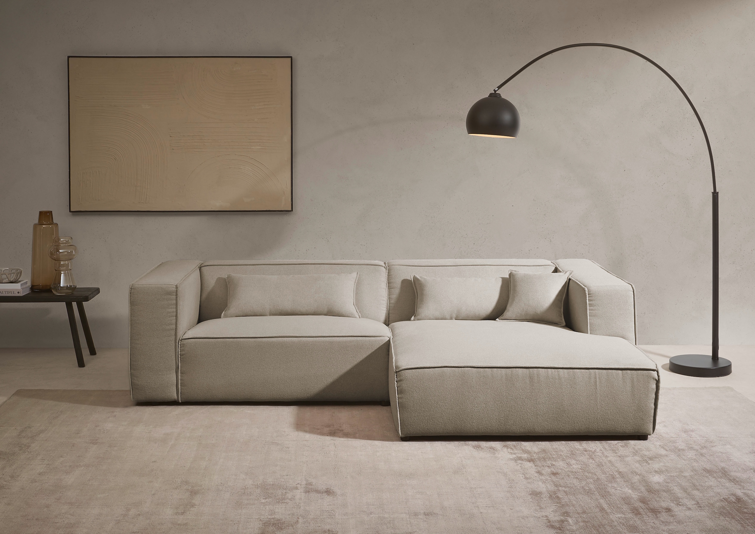 LeGer Home by Lena Gercke Ecksofa »PIARA mit Kedernaht in Cord oder Leinenoptik, moderne Couch in L-Form«, wahlweise Ottomane rechts/links, schwarze Füße, bequemer Sitzkomfort