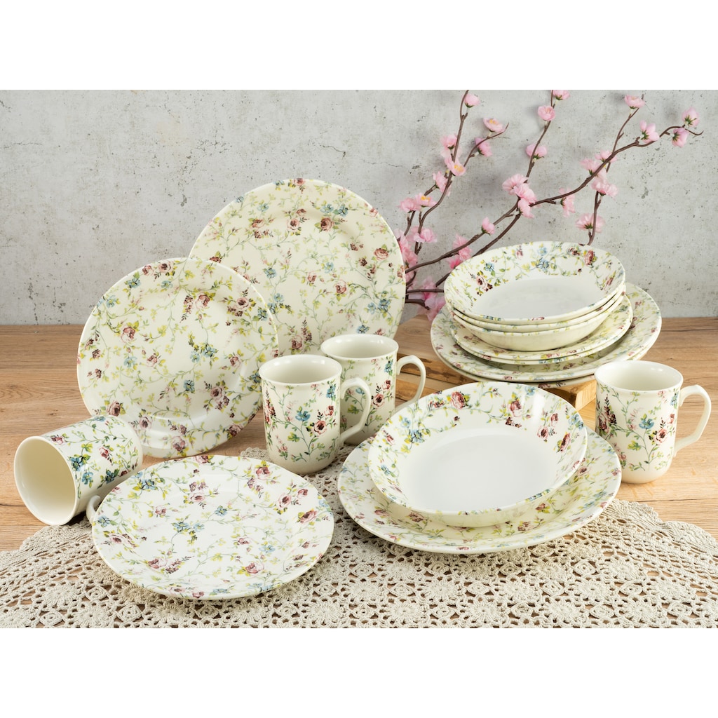 CreaTable Kombiservice »Geschirr-Set Rose Garden«, (Set, 16 tlg., Kaffeeservice und Tafelservice im Set, für 4 Personen), Service, Rosenmotiv, Vintage-Stil, 16 Teile, für 4 Personen