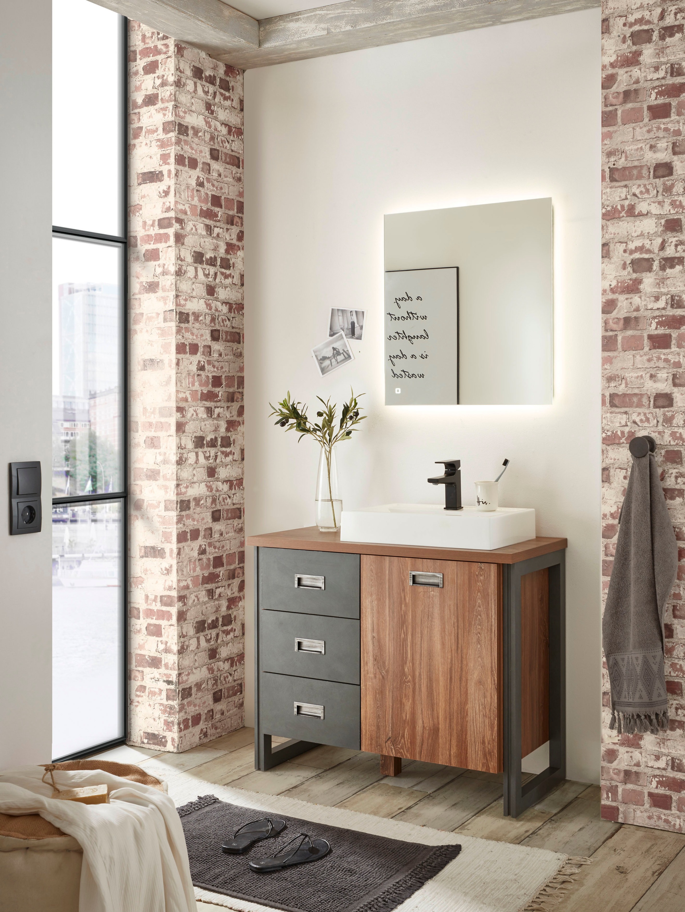 Home affaire Badmöbel-Set »Detroit, Bad im Industrialdesign, inkl. LED, 2-teiliges Badezimmer«, (2 St.), Waschtisch und Spiegel, inkl. Aufsatzwaschbecken aus Mineralguss