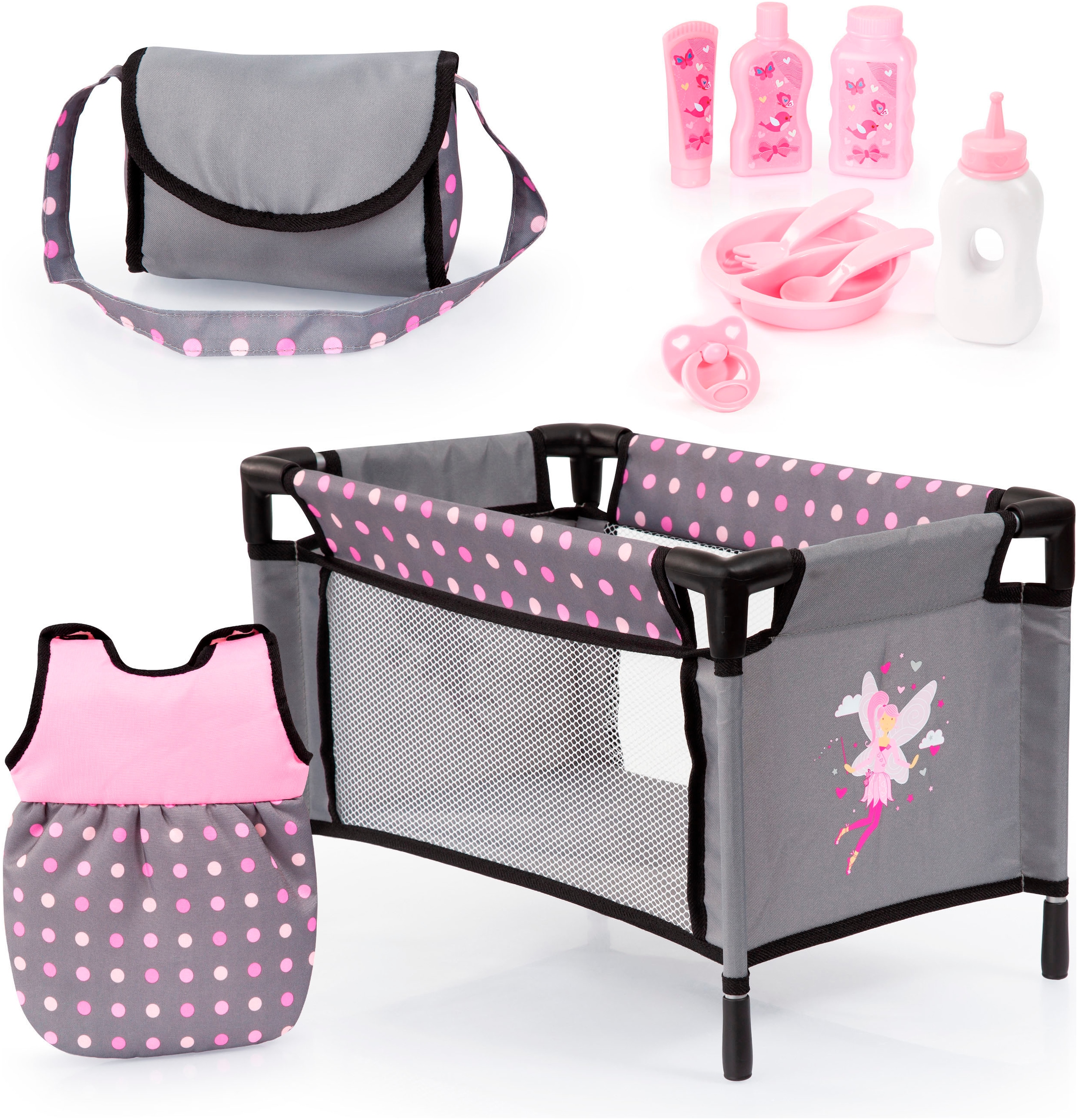 Puppenmöbel »Puppen-Reisebett und Schlafsack grau/rosa«, (Set), mit Schlafsack,...