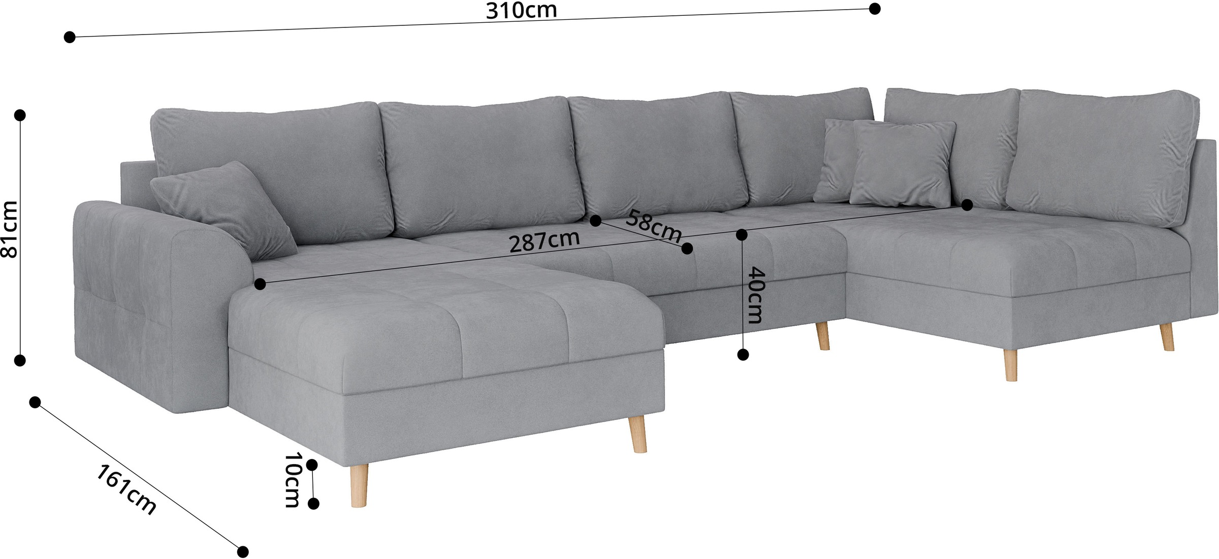 Home affaire Wohnlandschaft »CHARRE U-Form mit Ottomane, Maße B/T/H: 310/161/81 cm«, feine Steppung, lose Rücken- und Zierkissen, auch in Cord und Bouclé