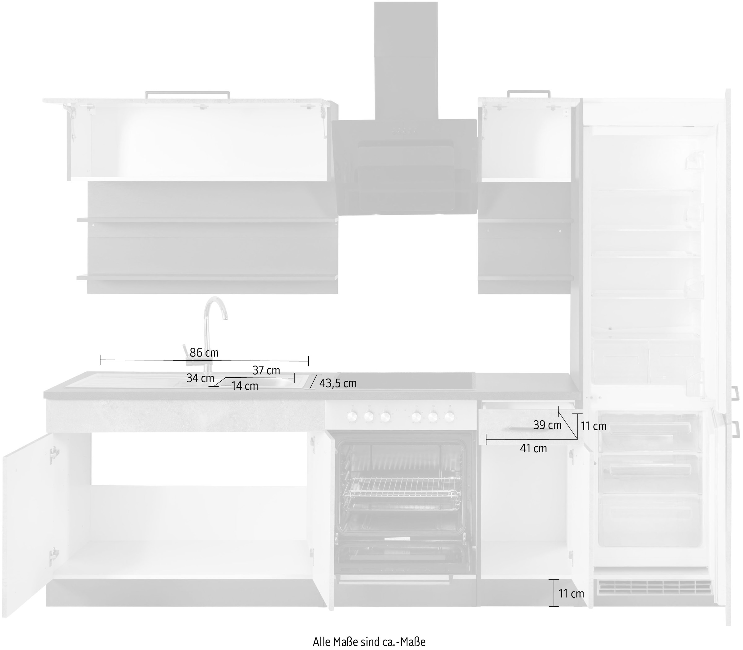 KOCHSTATION Küchenzeile »KS-Tulsa«, mit E-Geräten, Breite 270 cm, schwarze Metallgriffe, MDF Fronten