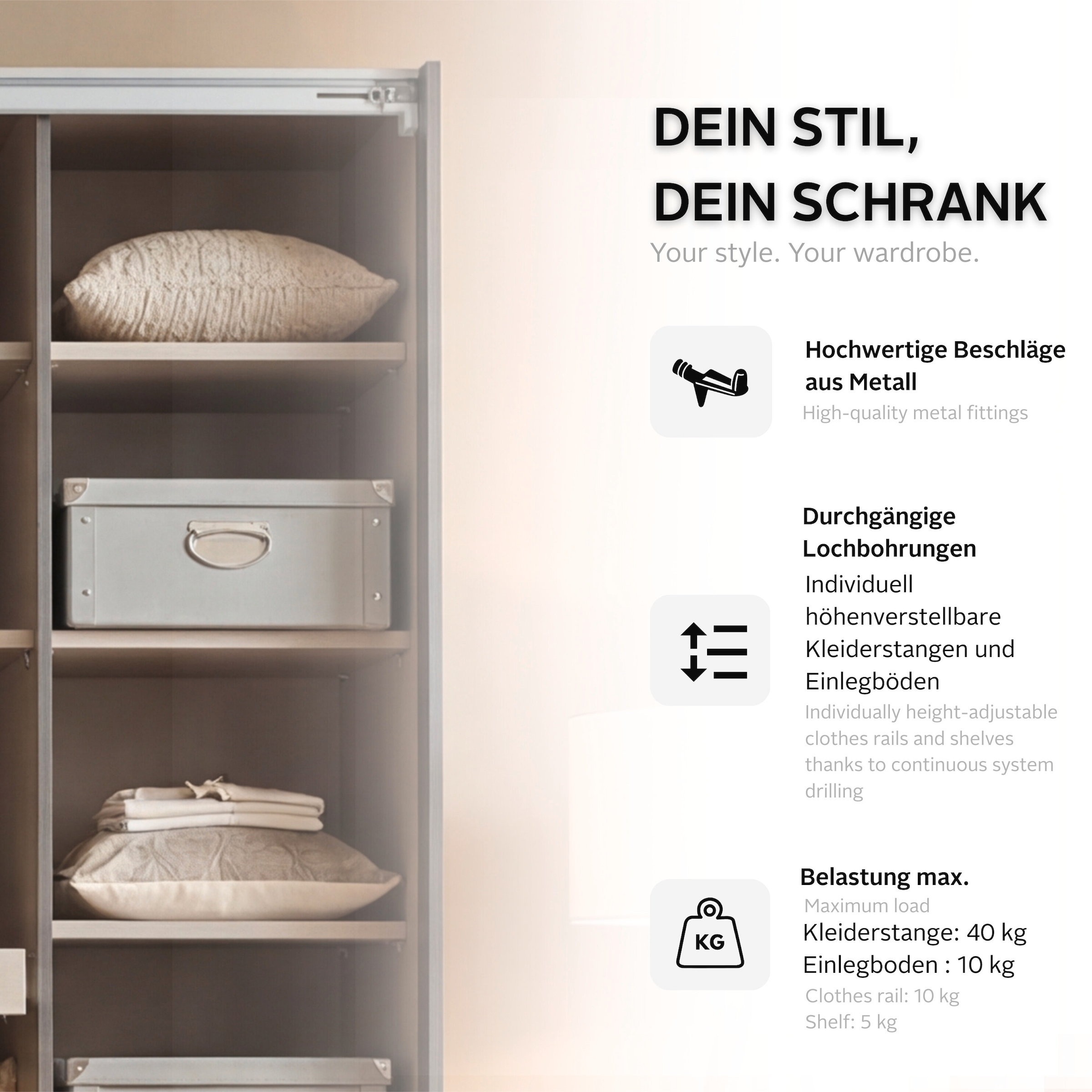 OTTO home Kleiderschrank »Schrank Garderobe ARVEN Breiten 181/226/271cm« 3 verschiedene Ausstattungen BASIC/CLASSIC/PREMIUM (inkl. SOFT-CLOSE),  puristisches Design in Plankenoptik mit Metallgriffen MADE IN GERMANY