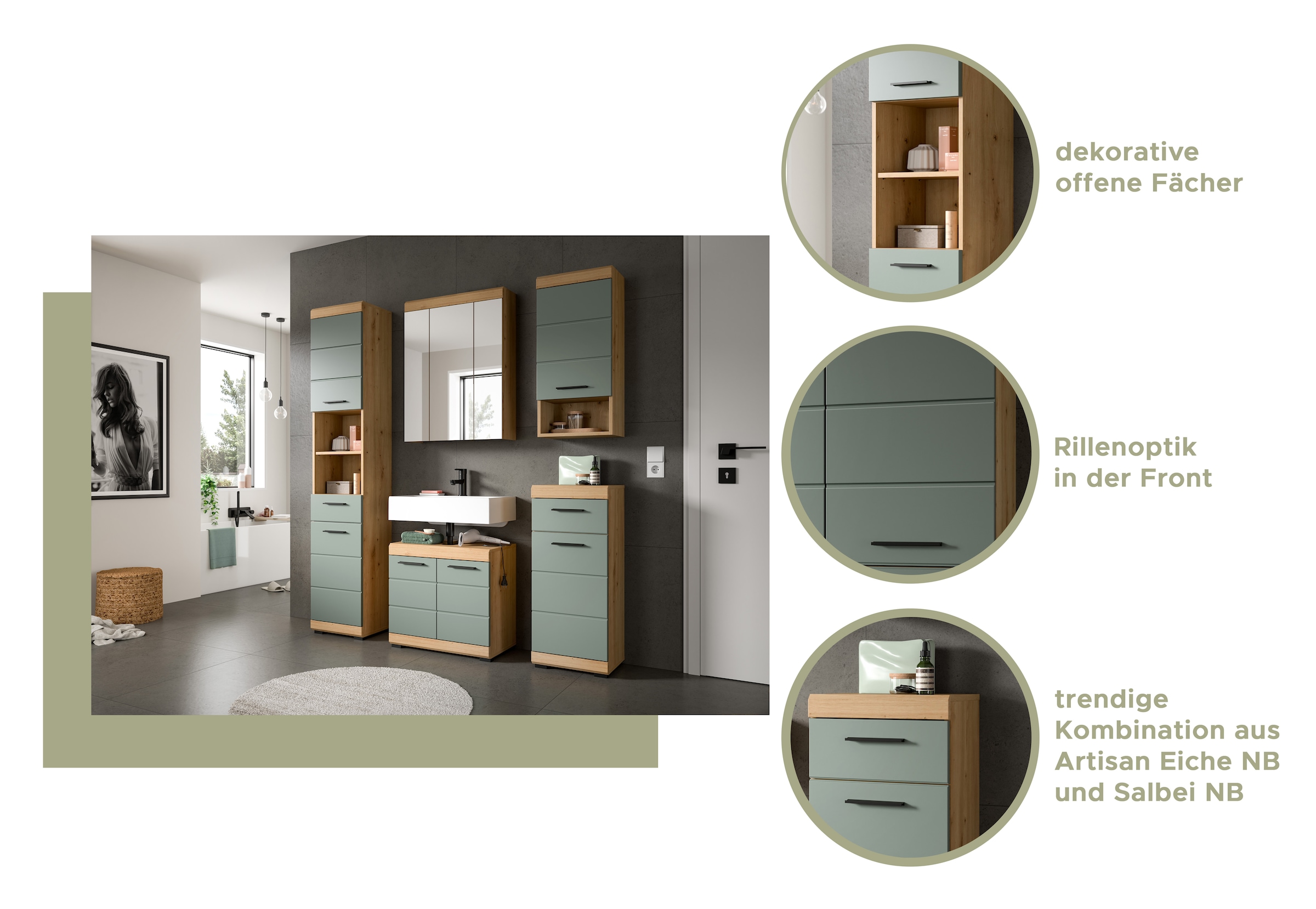 INOSIGN Badmöbel-Set »Siena, 5 teilig, bestehend aus:«, (Set), Hochschrank, WBU, Spiegel, Unterschrank, Hängeschrank