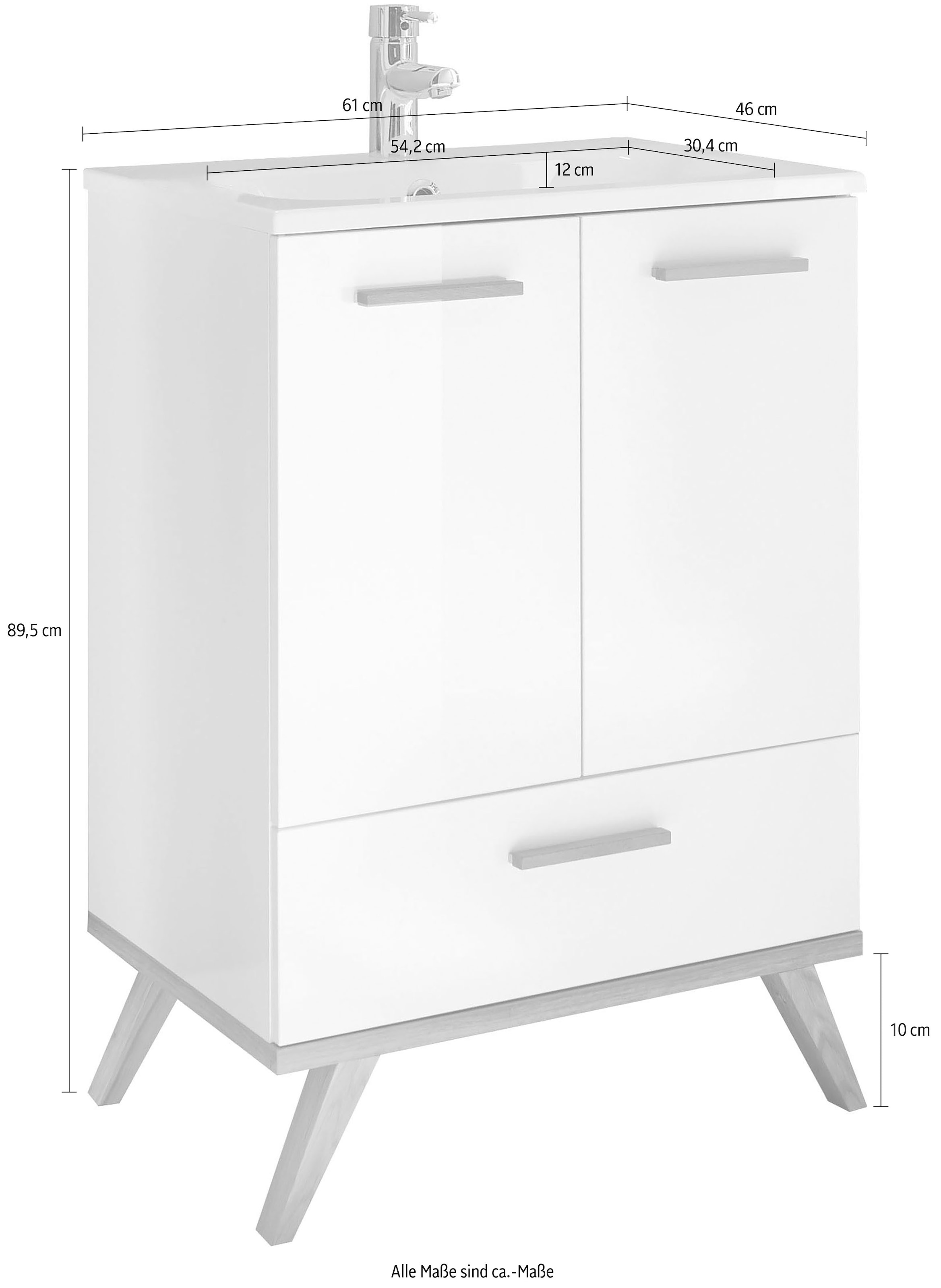 Saphir Waschtisch »Quickset Mineralmarmor-Waschtisch mit Unterschrank, 61 cm breit«, Wachplatz, Holzgriffe, inkl. Türdämpfer, 2 Türen, 1 Schublade