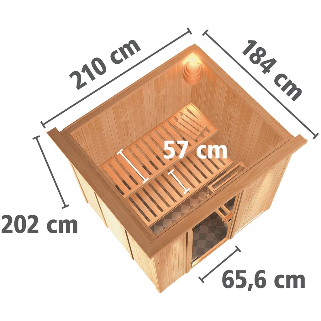 Karibu Sauna »Dima«, (Set), 3,6-kW-Plug & Play Ofen mit integrierter Steuerung
