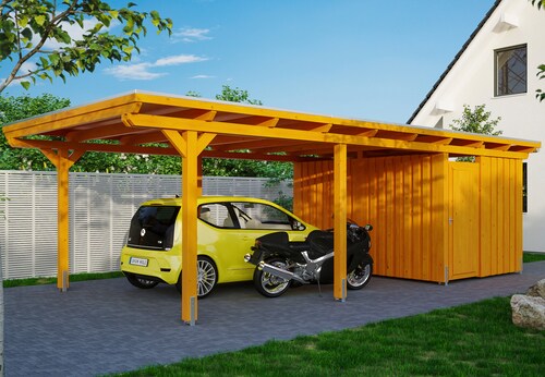 Skan Holz Carport Emsland 404 cm x 846 cm mit Abstellraum Eiche hell günstig online kaufen