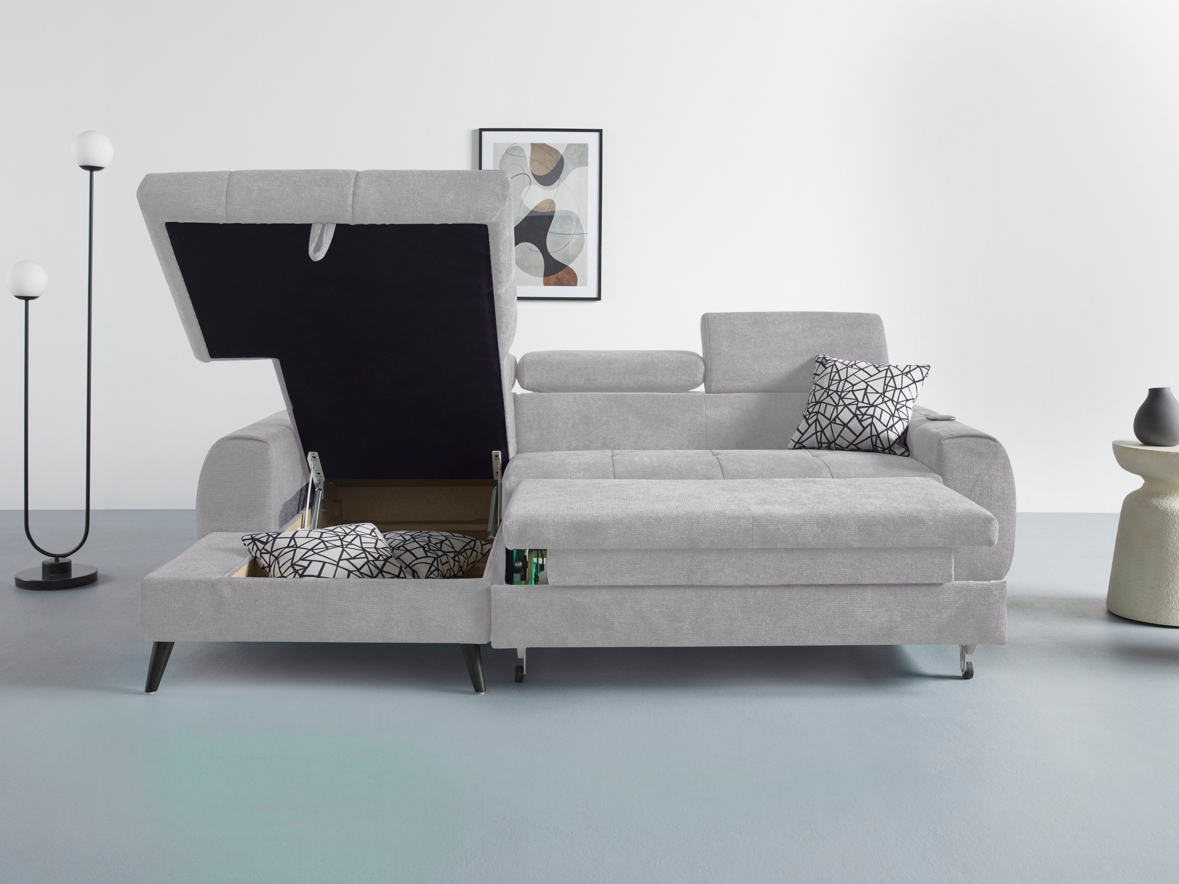 COTTA Ecksofa »Mia L-Form mit 3 Zierkissen«, wahlweise mit Bettfunktion, Bettkasten, Beleuchtung & Wireless-Charger