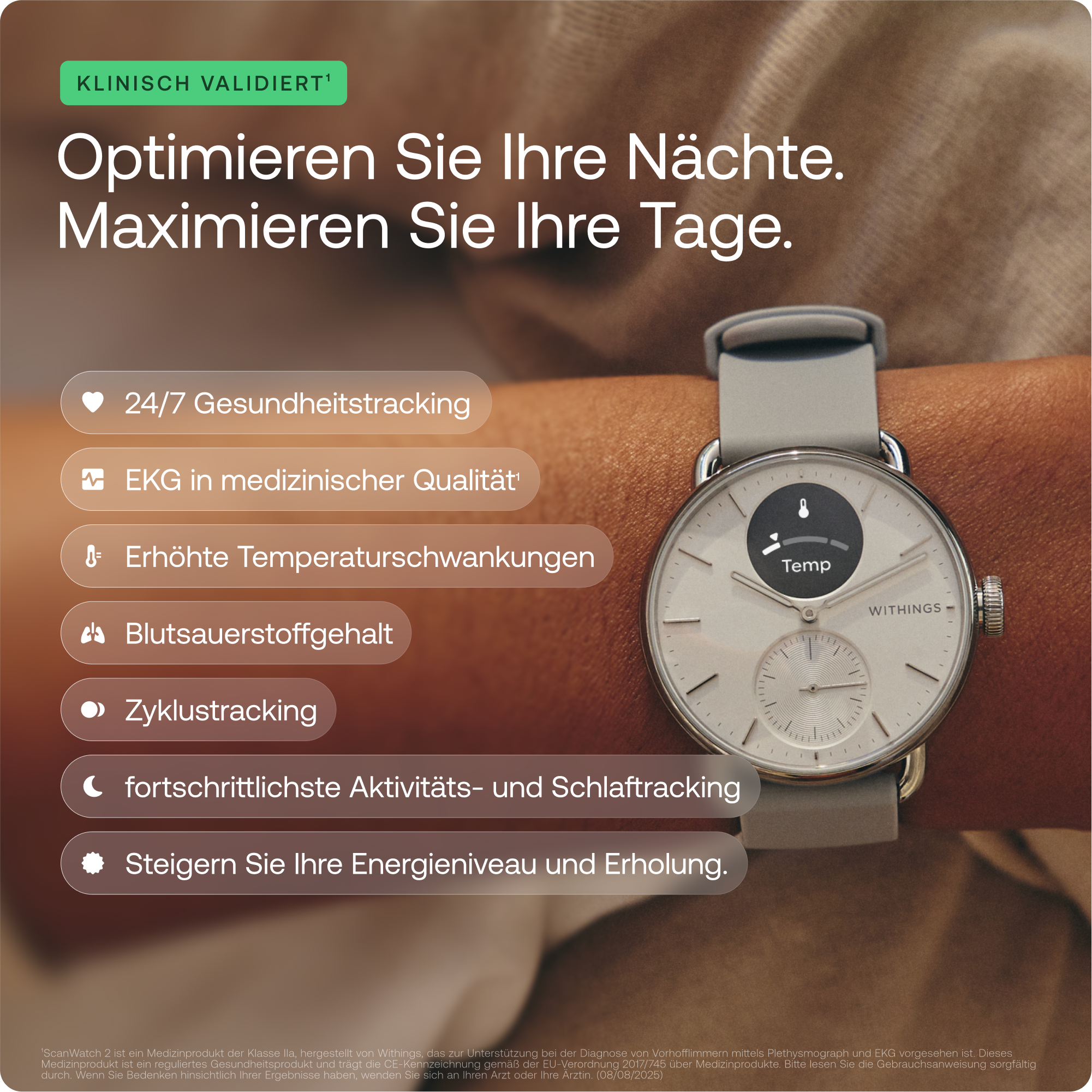 Withings Smartwatch »ScanWatch 2 38mm, hybrid, Akku bis 35 Tage, 50 M Wasserdicht« HealthSense OS