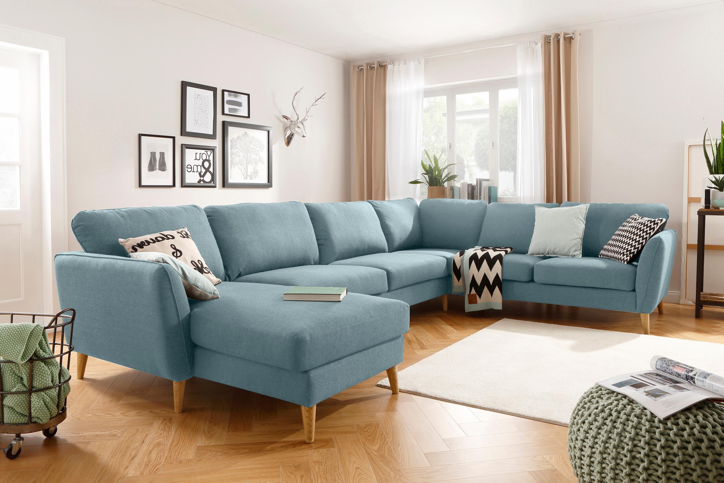 Home affaire Wohnlandschaft »MARSEILLE XXL 349cm, U-Form, Ottomane rechts/links wählbar«, Massivholzbeine Eiche, Landhausstil, Wellenunterfederung