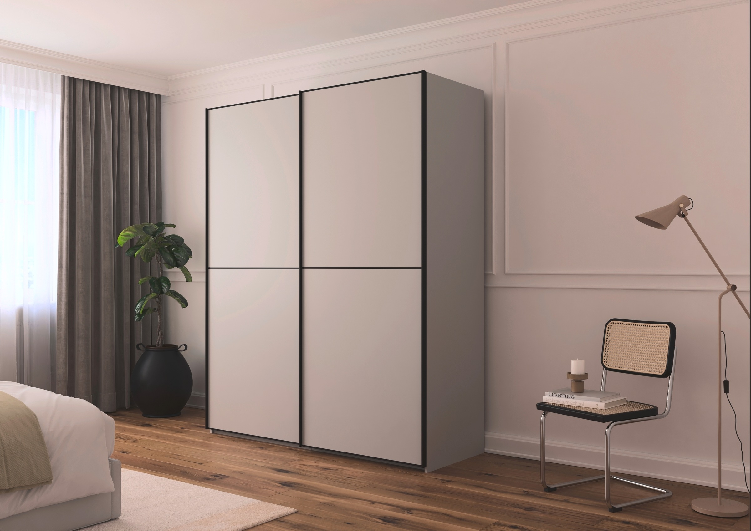 rauch Schwebetürenschrank »Kleiderschrank Schrank Garderobe Schlafzimmerschrank SCALE-DUO«, edle zweigeteilte Türen und 3 Zierleisten MADE IN GERMANY