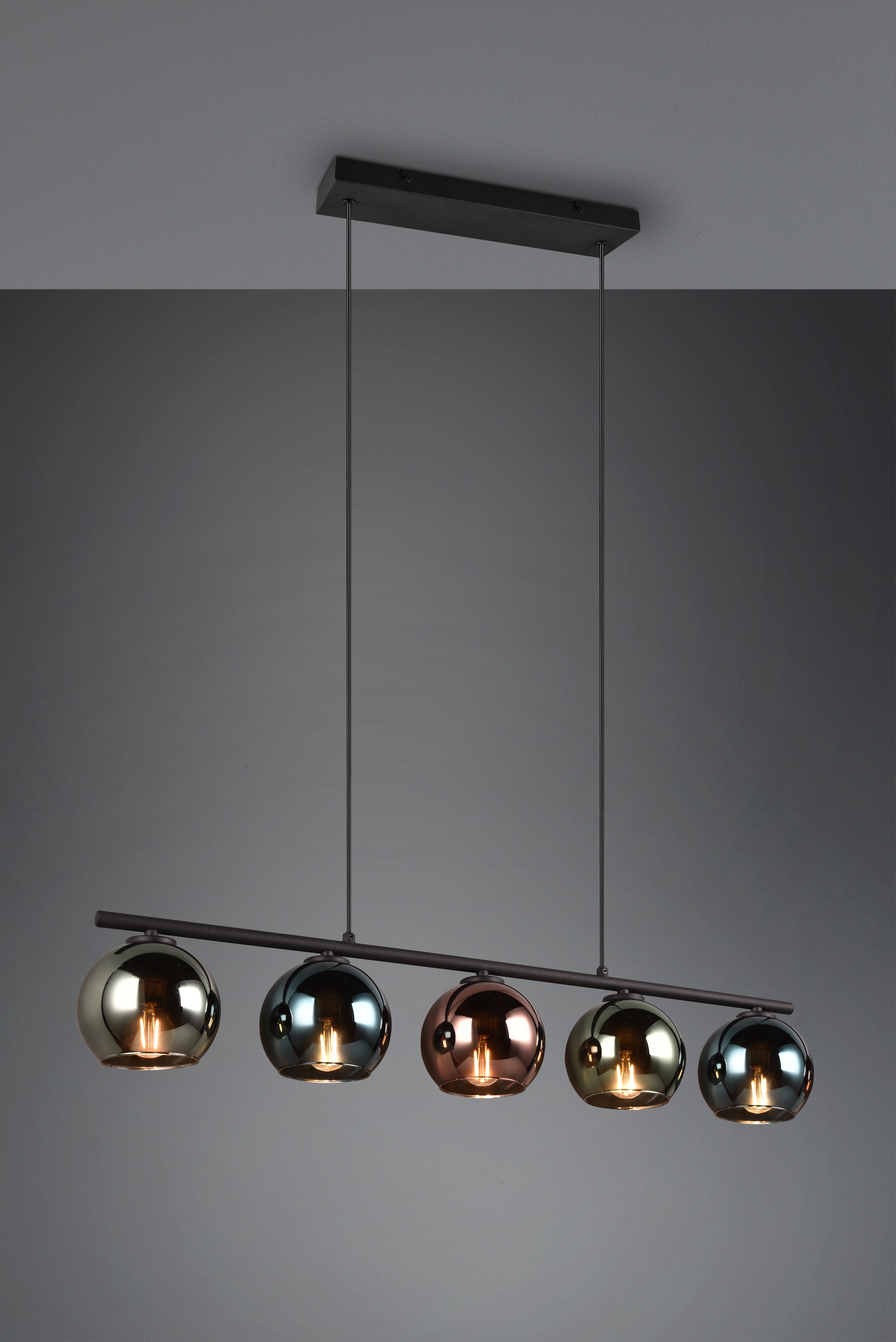 REALITY Leuchten Pendelleuchte »SHELDON, Hängelampe 5-flammig exkl 5x E14 max 10W höhenverstellbar«, 5 flammig, Leuchtmittel E14 | Leuchtmittel wechselbar, Metall Hängeleuchte mit bunten Glasschirmen Lampe Esszimmer Wohnzimmer
