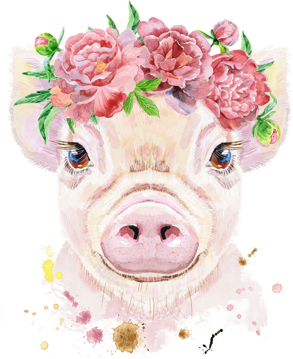 queence Metallbild »Galona«, Blumen-Schwein-Tiere, (1 St.), Stahlschild, Blechschild, Schwein, niedlich, Wanddeko, Blumenkranz