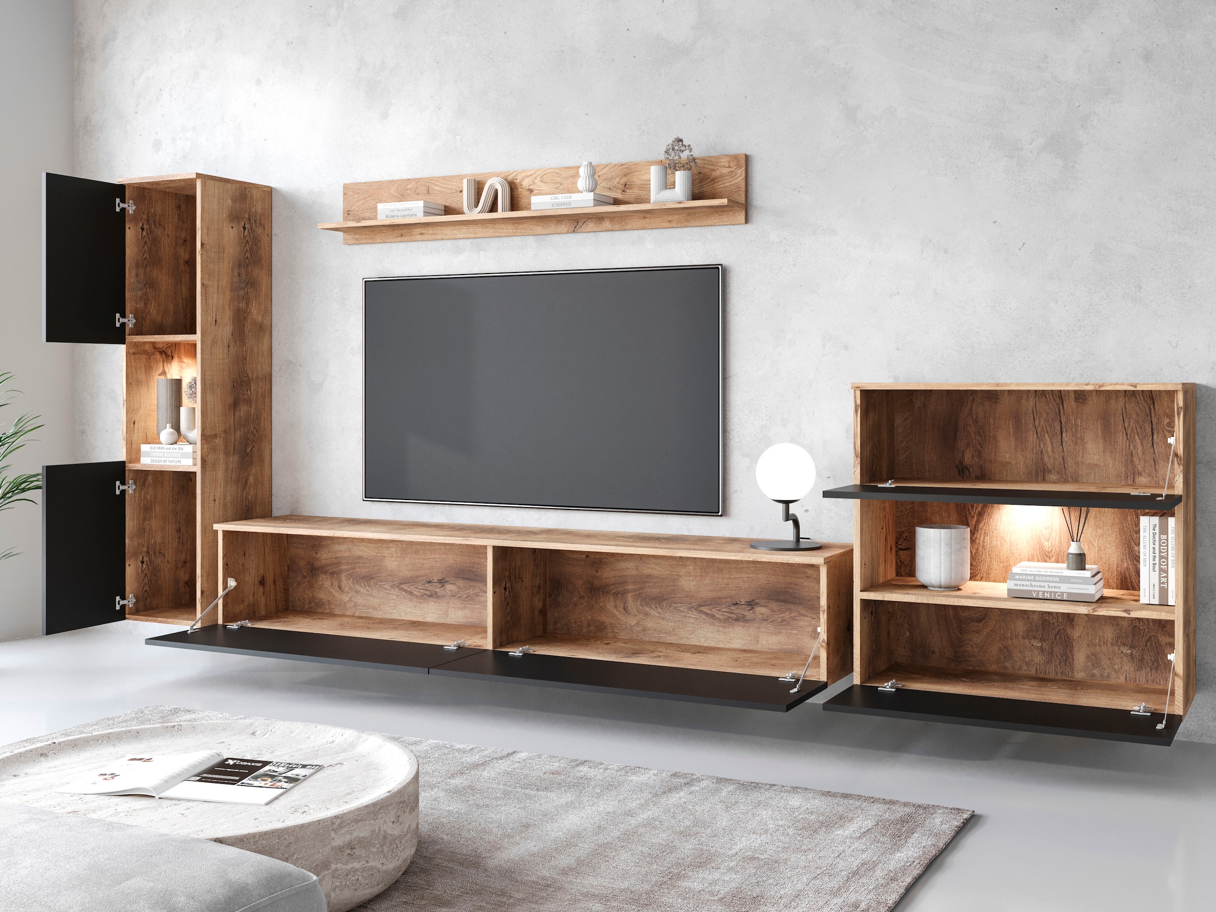 INOSIGN Wohnwand »PARIS«, (Komplett-Set, 4 St.), TV-Wand 300cm breite, grifflose Design, stehend und hängend montierbar